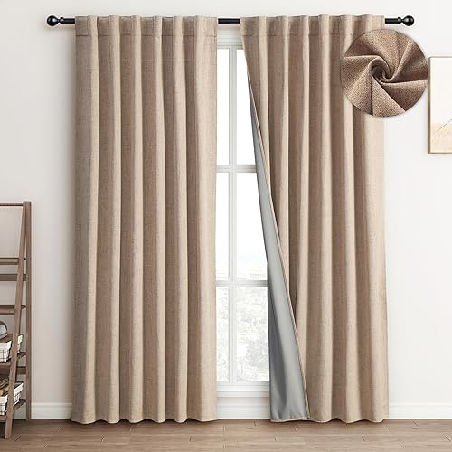 FLORECORD Cortinas 100% opacas de lino pesado de 52 pulgadas de ancho x 84 pulgadas de largo, juego de 2 paneles con aislamiento térmico y