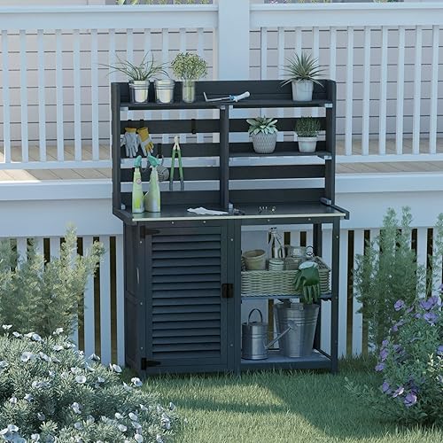 Miniatura 3 de GDLF Mesa de banco para macetas, banco de trabajo grande para jardín, al aire libre, estación de trabajo de mesa de metal con estante de gabinete de