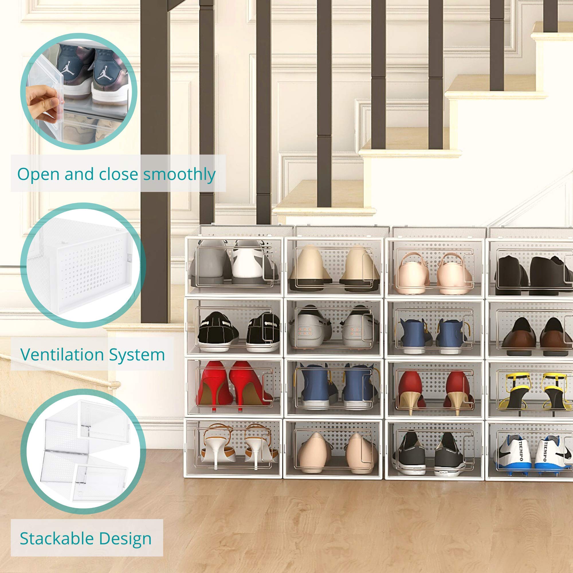 12 Pack Shoe Storage Boxes, Clear Plastic Bins Stackable Shoe Organizer, Drawer Type Shoe Containers, Intuitive Front Opening