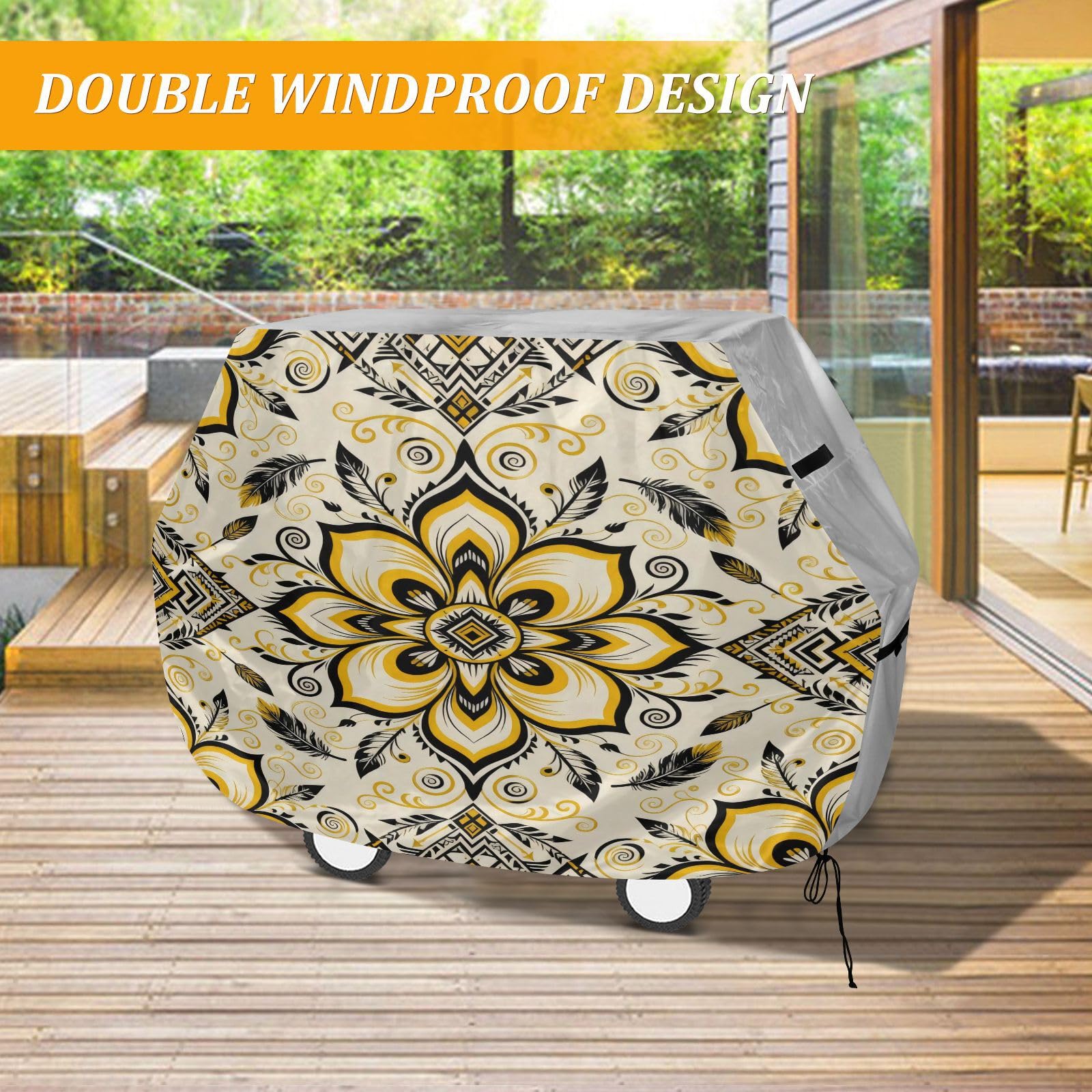 Pokrowiec na grilla na patio, 150 cm, wytrzymały, odporny na blaknięcie i promieniowanie UV, na zewnątrz, patio, pokrowiec na grilla, kwiat paisley, ciemnoczarny, żółty, złoty
