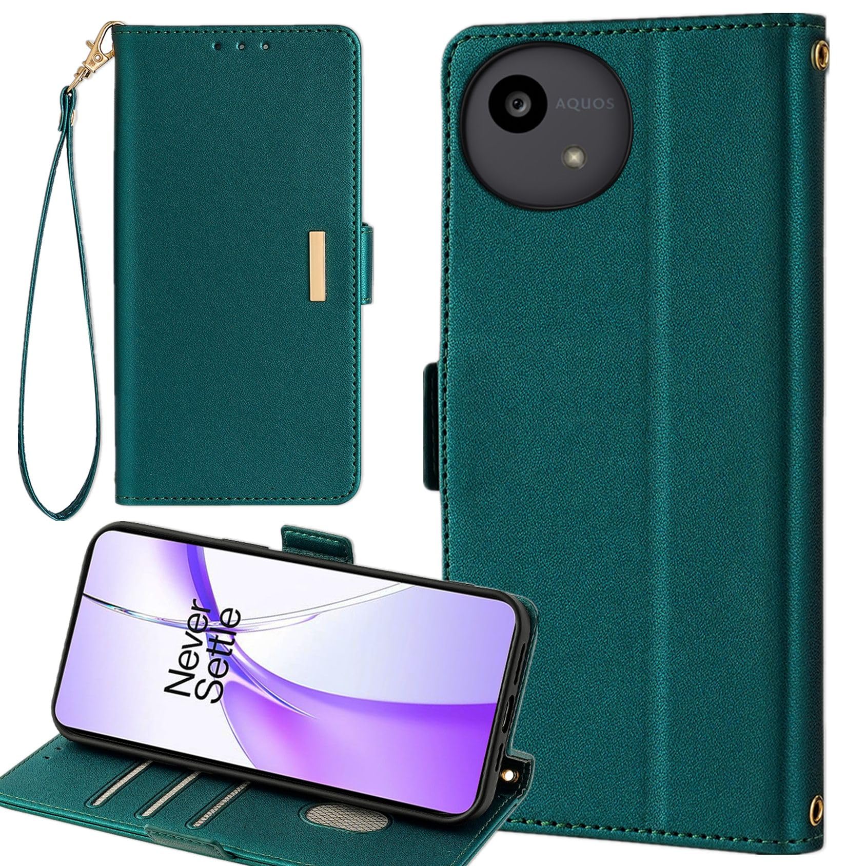 AQUOS wish 5 ケース 手帳型 ウィッシュ5 ストラップケース アクオスwish5 SIMフリー ワイモバイル SH-M32 楽天モバイル SH-52F docomo 通用 シャープ アクオス ウィッシュ 5 カバー wish5 SH52F 手帳カバー 耐衝撃 カード入れ 適用 Cobeimisr case マグネット ストラップ ストラップ付きケース スマホケース ダーク グリーン