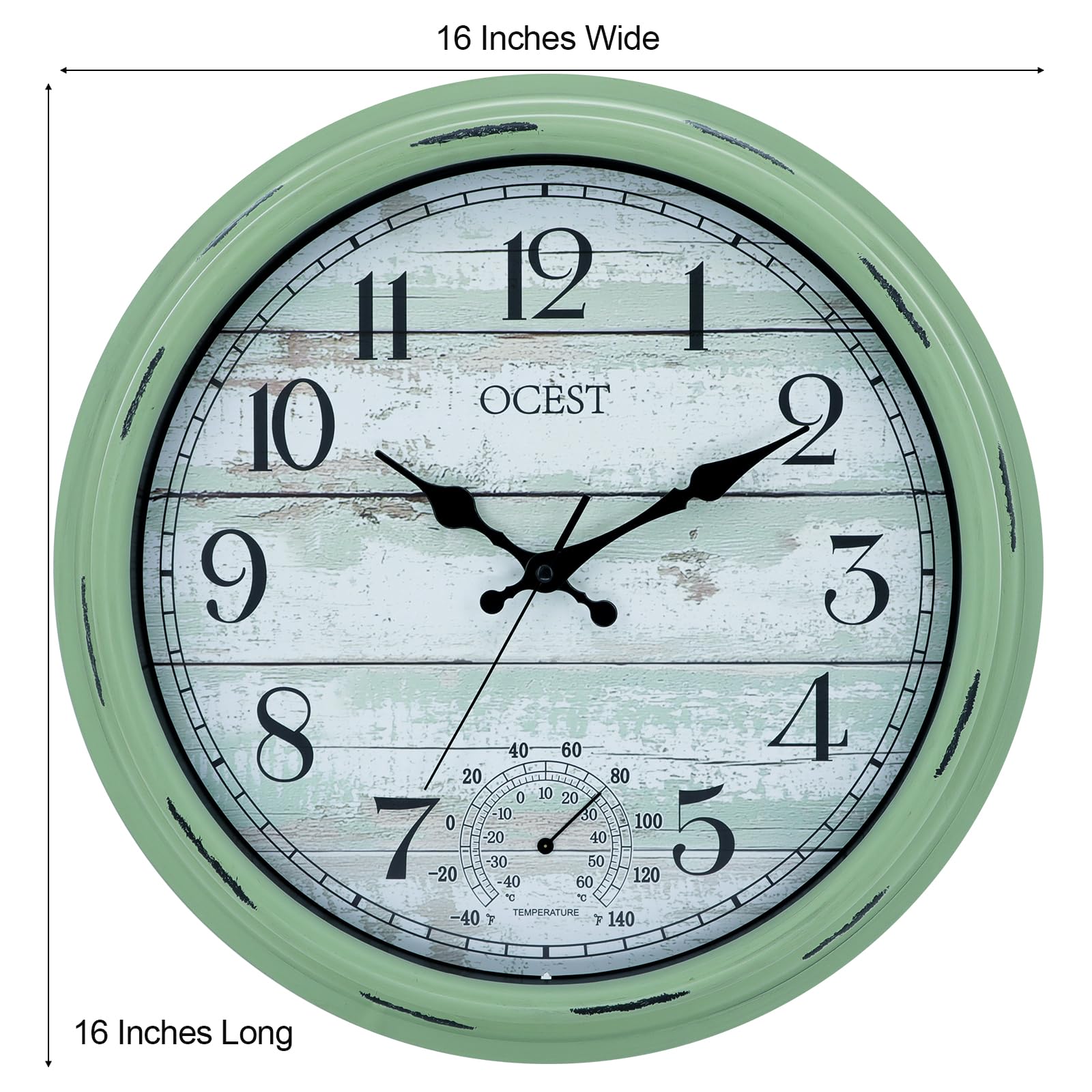 OCEST Grande horloge murale étanche pour intérieur et extérieur de 40,6 cm avec thermomètre, silencieuse, sans tic-tac, fonctionne à piles, décoration pour terrasse, piscine, porche, jardin, garage
