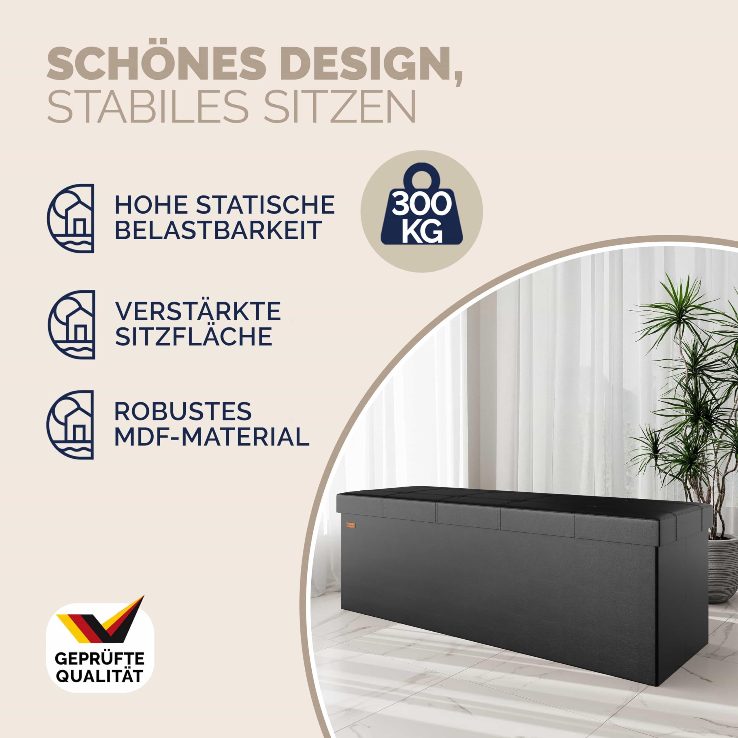 Casaria® Sitzbank mit Stauraum, Schwarz - Faltbar, 115 x 40 x 40 cm, 130L Volumen, bis 300 kg belastbar, gepolstert, Leinen-Optik - Aufbewahrungsbox mit Deckel, Sitztruhe mit Stauraum, Polsterbank