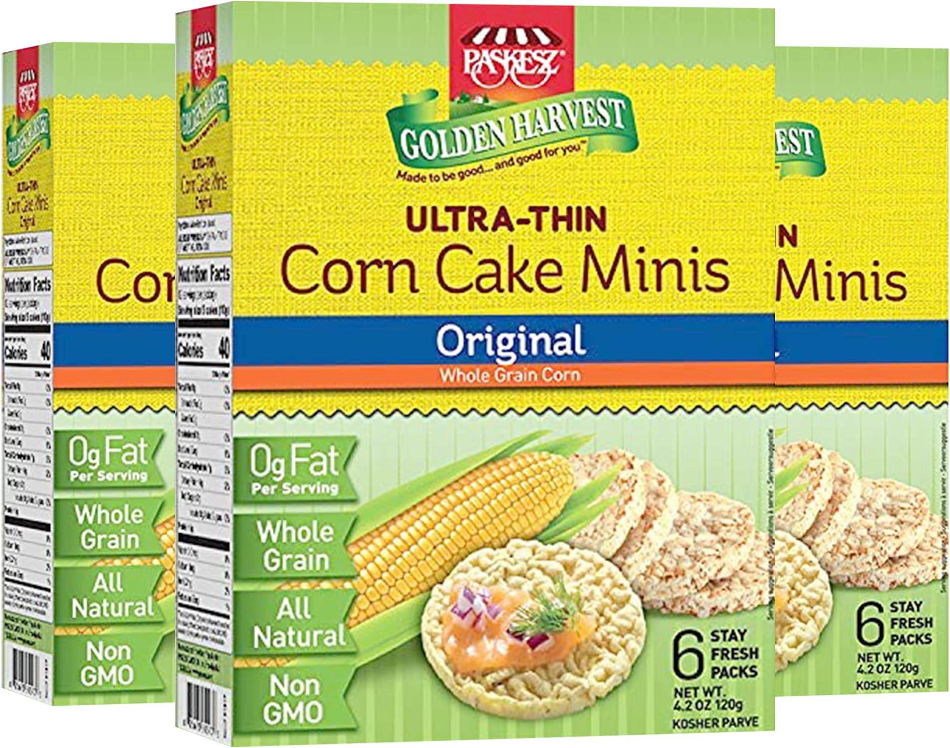 Ultra-Thin Original Wholegrain Corn Cakes Minis with Natural Ingredients, Kosher Certified Non-GMO, and Fat-Free Delicious Snack, Pack of 3