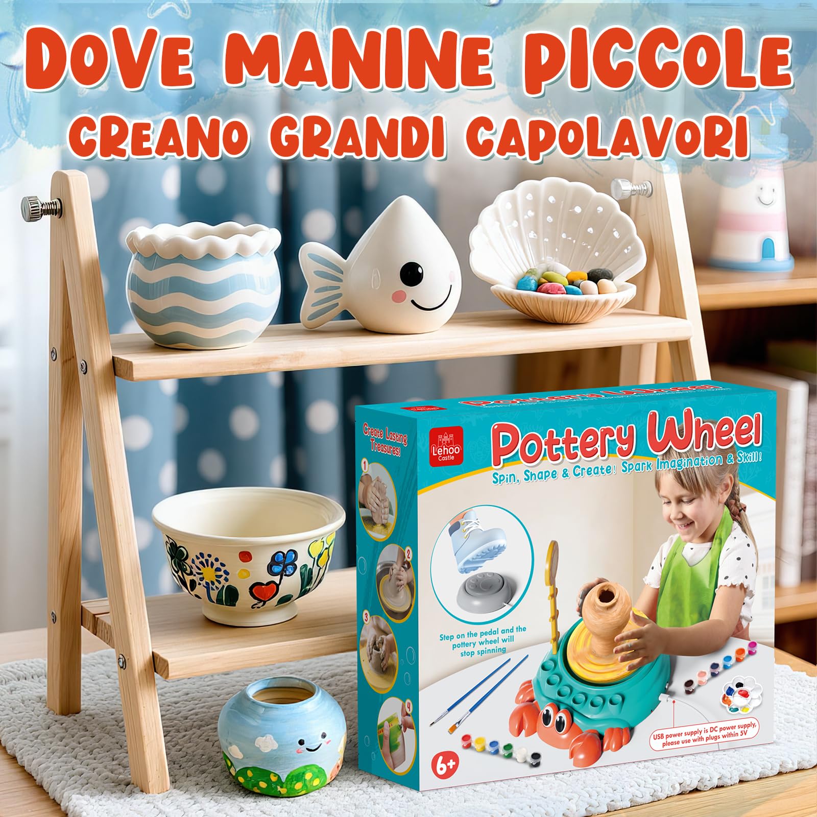 Lehoo Castle Ruota in Ceramica per Bambini, Giochi Regalo Bambina 8 9 10 11 12 Anni Arte e Artigianato in Ceramica per Bambini con Kit di Pittura ad Argilla Secca All'aria, Sstrumenti per Scolpire