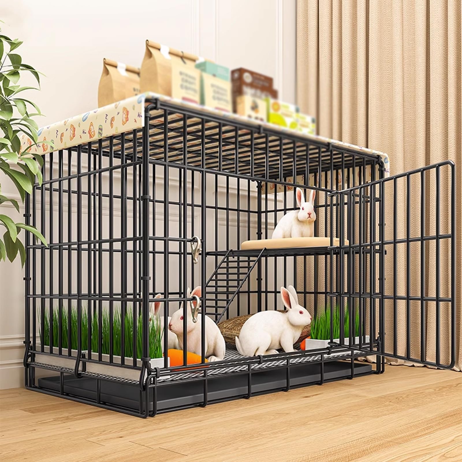 Casetta Coniglio Nanos da Interno Gabbia Metal, Gabbia per Coniglio Grande con Rampa e Vassoio Estraibile, Gabbia Pieghevole Facile da Pulire(Black,84 * 61 * 67cm)