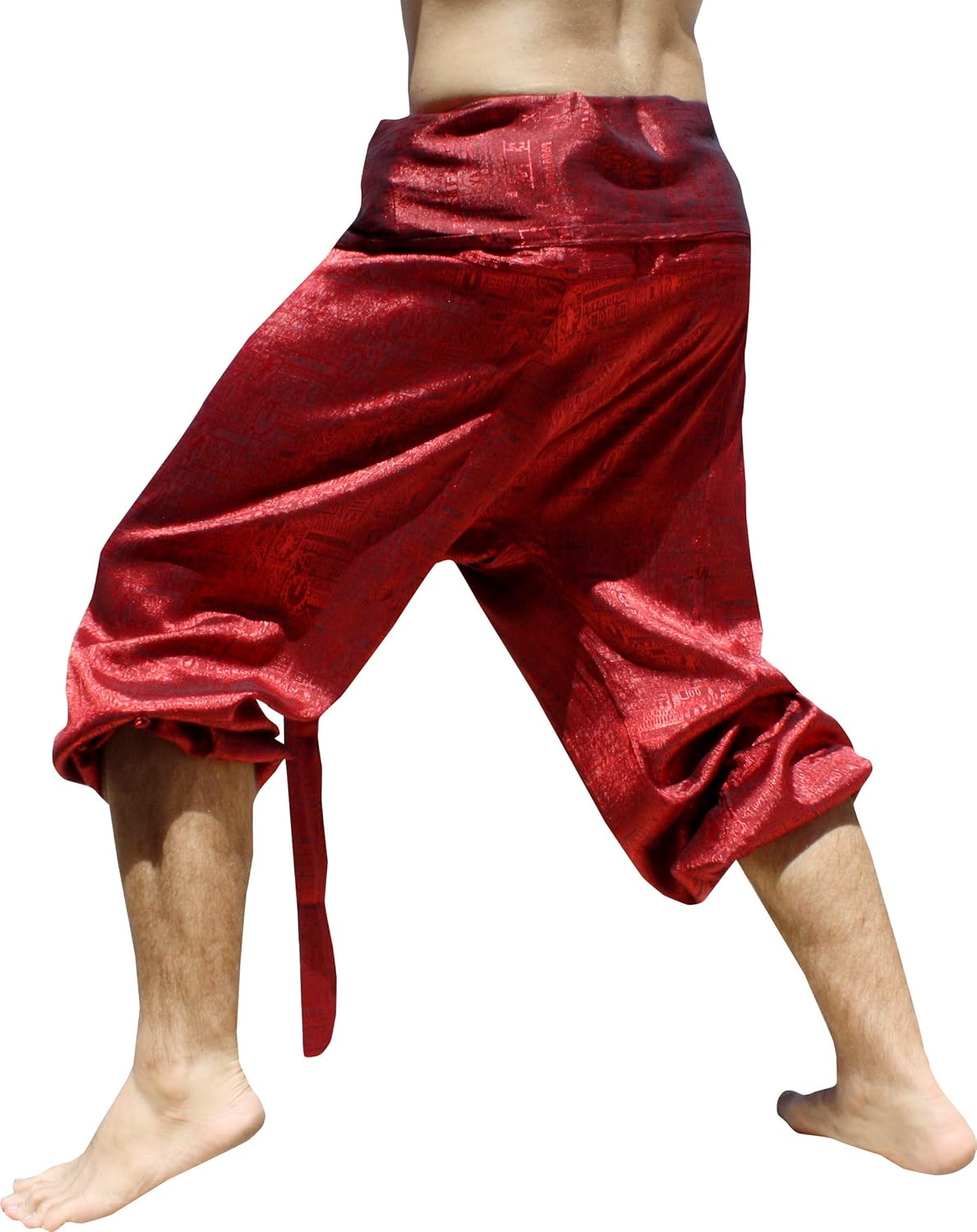 RaanPahMuang Premium Siams Silk Fisherman Wrap Pants Full Featured Unique Design, S/M, Textured Silk - Red