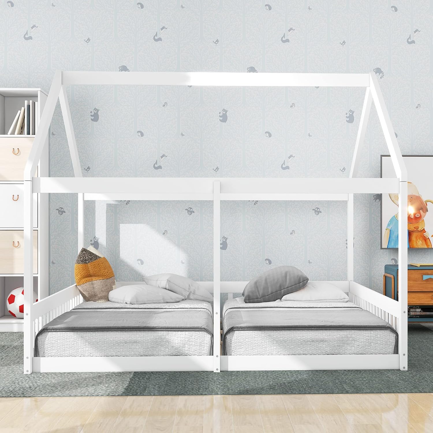 MERITLINE Wood House Bed for 2 Kids, Double Twin Beds Frame for Toddler, Montessori Bed for Kids,Teens, Boys & Girls, Can Be Decorated Tent (Double Twin, White)