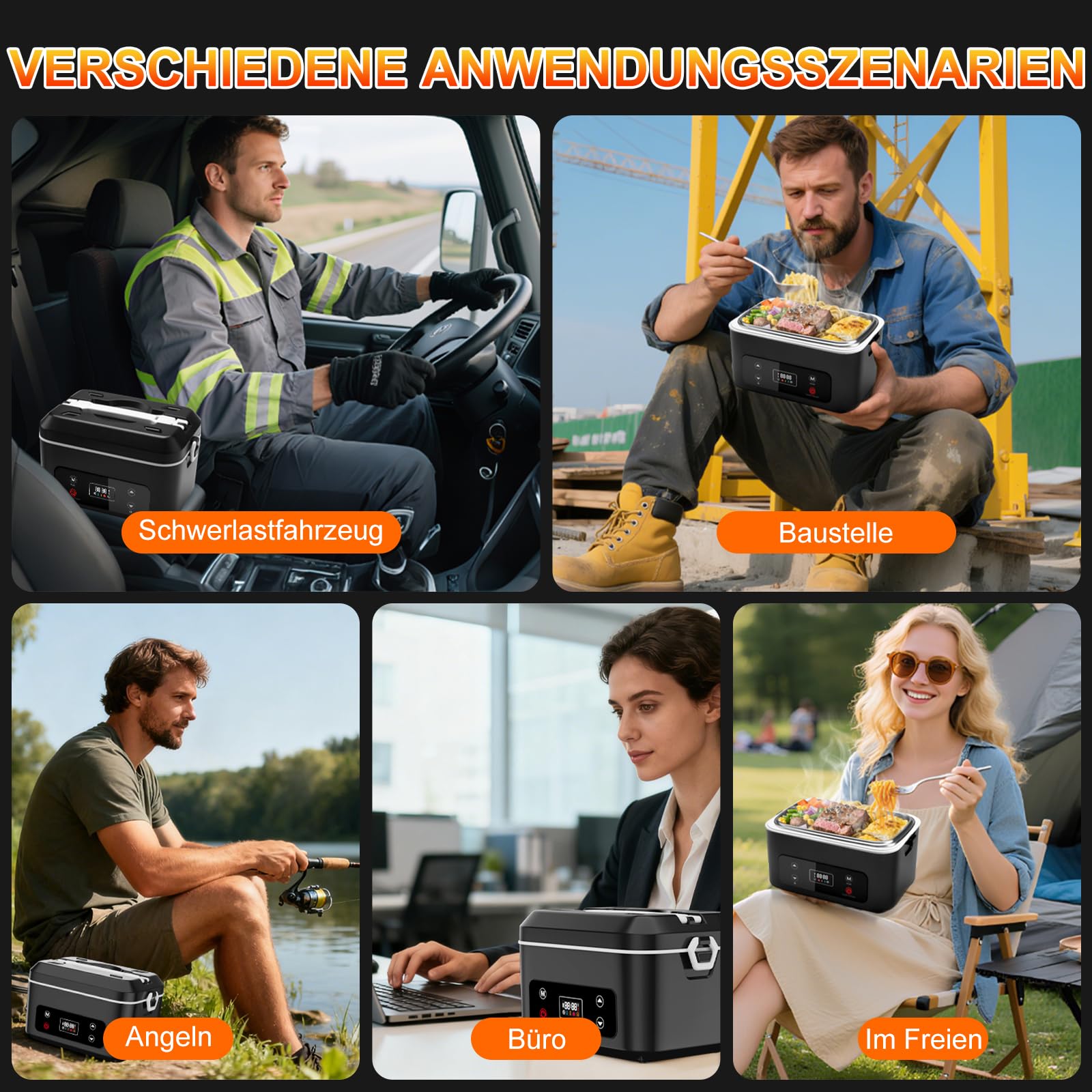 Elektrische lunchbox hermobehälter für Essen mit Akku – 24000 mAh,1,3 L beheizbare lunchbox,3D-Vollflächenerwärmung & Temperaturkontrolle –lunchbox elektrisch Ideal für LKW,Büro und Reisen (schwarz)