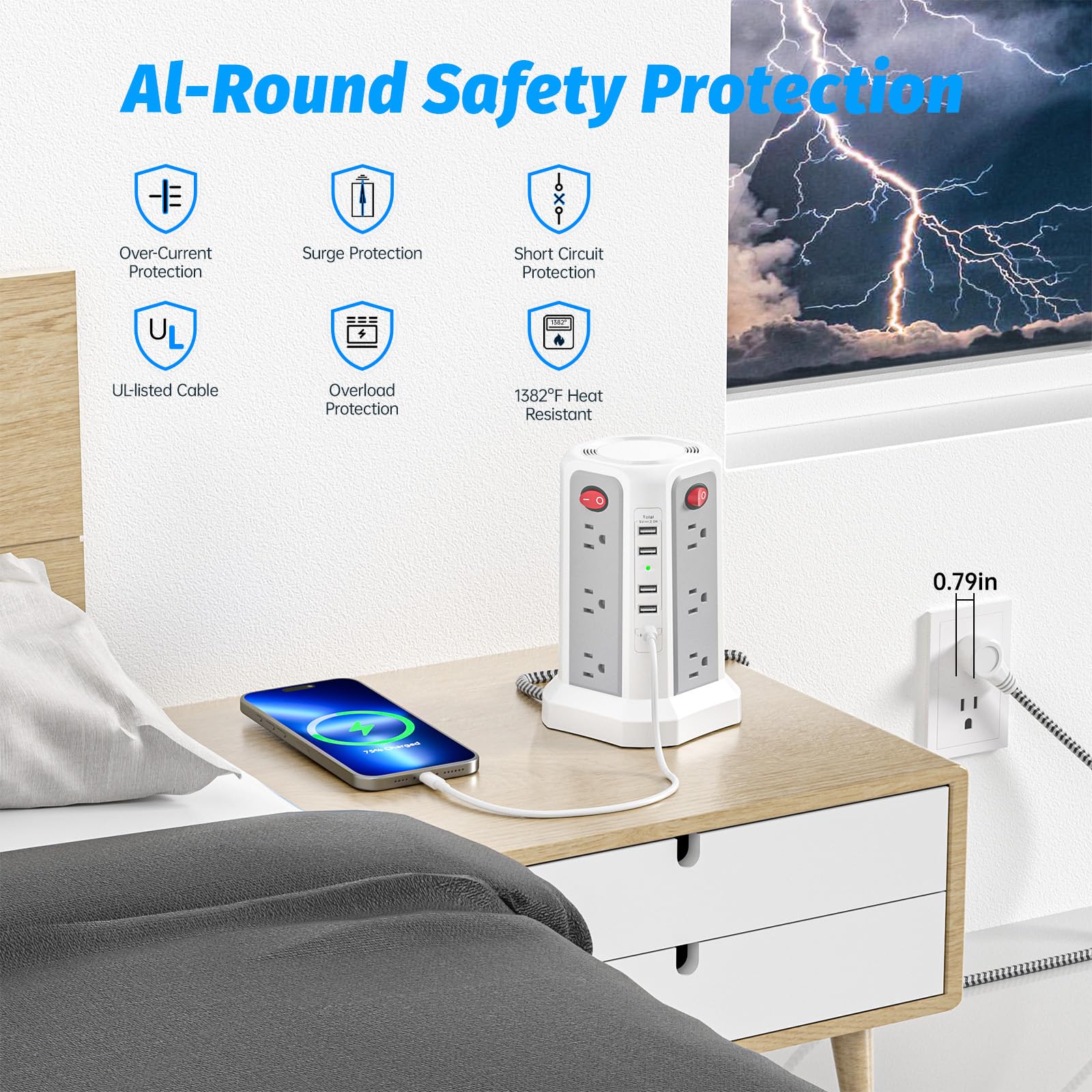 PD20W USB C - Regleta protectora contra sobretensiones, cable de extensión de 6 pies de largo