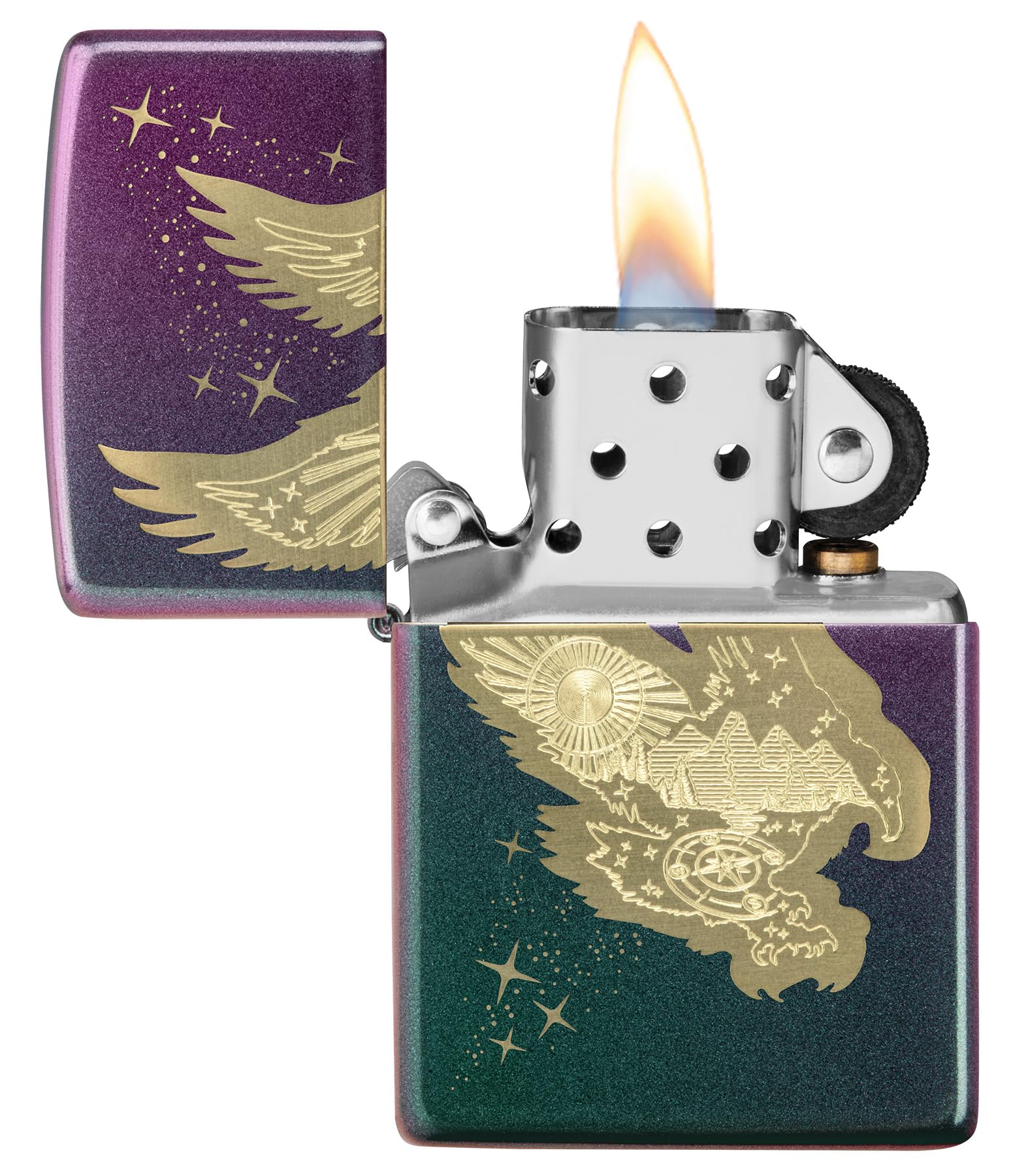 Zippo Zapalniczka Sztormowa, Model Eagle, Fioletowe Opalizujące Wykończenie, Grawer Laserowy, do Napełniania, Wielokrotnego Użytku, Odporna na Wiatr, Pudełko Prezentowe, Wyprodukowana w USA