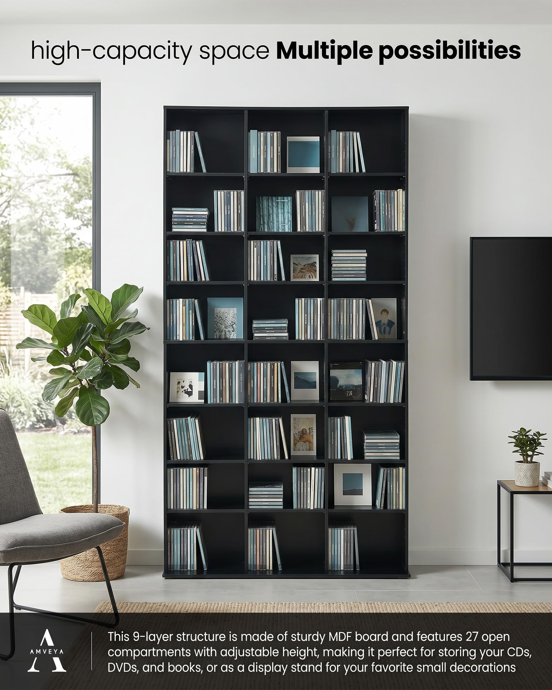 Bibliothèque étagère CD avec 22 compartiments – rangement DVD, étagères réglables, anti-basculement, MDF noir – pour CD, DVD, livres – meuble de rangement