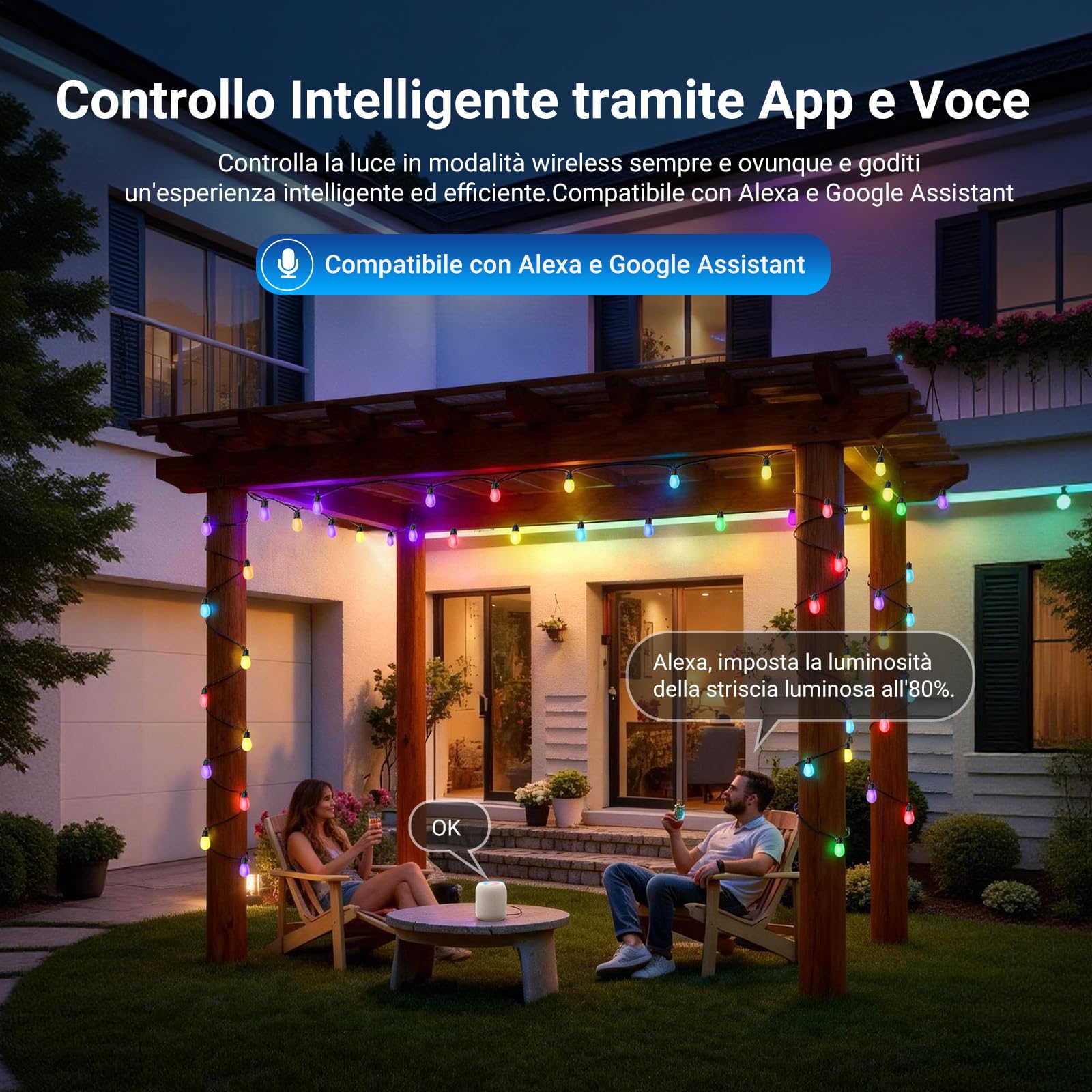 NEEWER Catena Luminosa per Esterni 30m, Controllo App Smart AI RGB IC W, Bianco Caldo IP65 Impermeabili Luci Giardino Patio Balcone, 30 Lampadine LED/50+ Scene, Compatibile con Alexa Google, NR01
