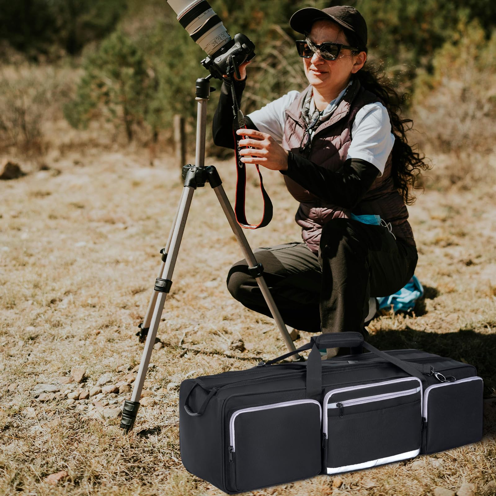 OUUTMEE Borsa per il trasporto del treppiede, grande borsa fotografica per treppiede con divisori imbottiti rimovibili, borsa leggera con base imbottita antiurto per treppiedi per fotocamera