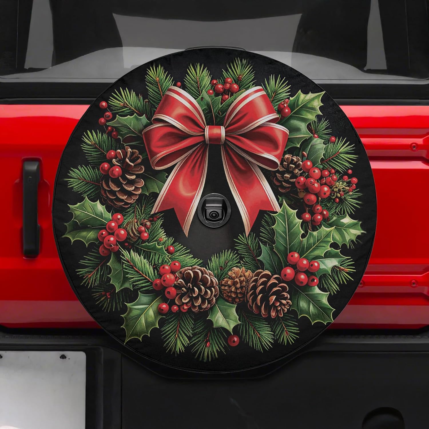 ThangPham Shop Christmas Wreath Spare Tire Cover with/Without Backup Camera Hole – Christmas Theme Design for Lovers