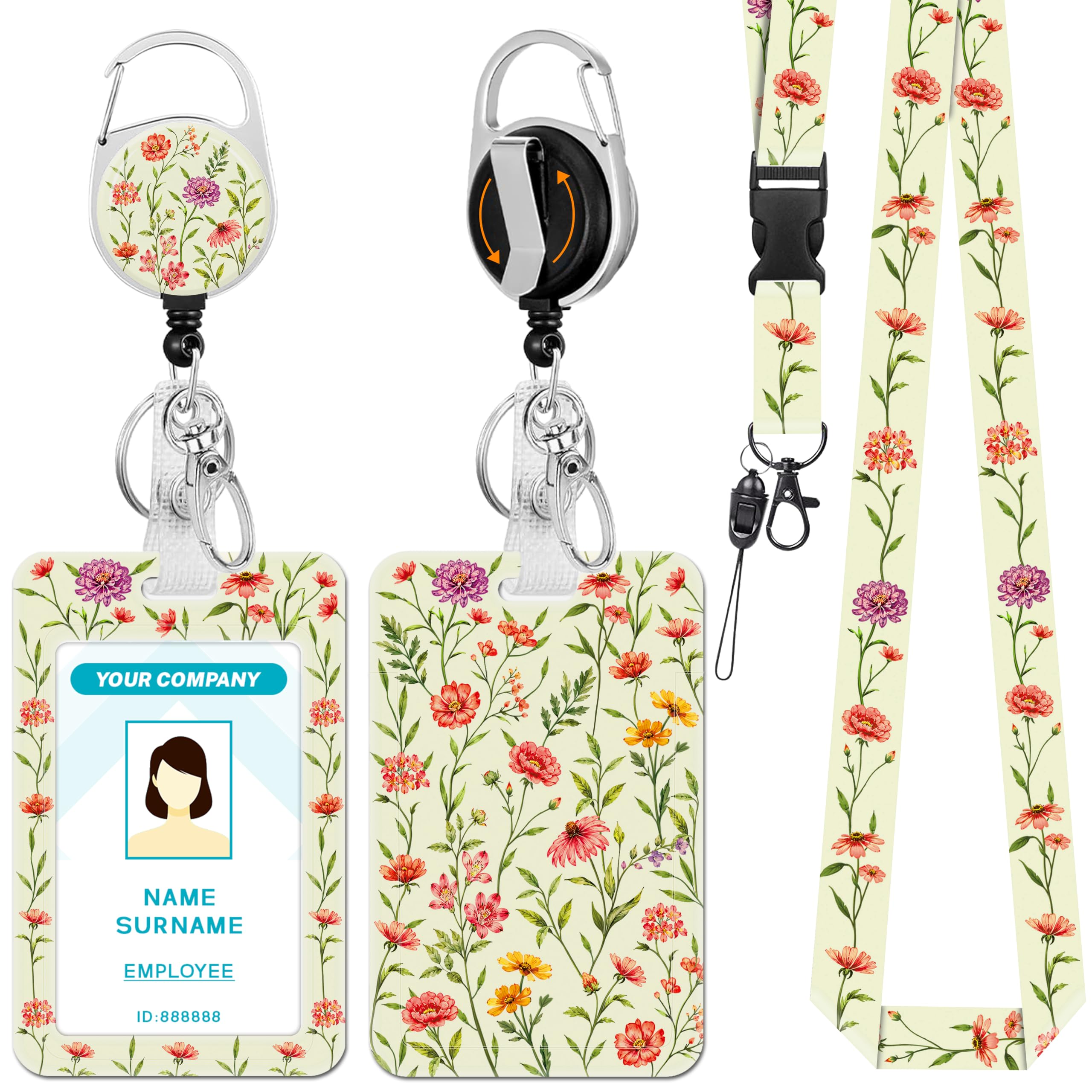 Hancynir Floral Flowers Lanyards for Id Badges with Retractable Reel Clip