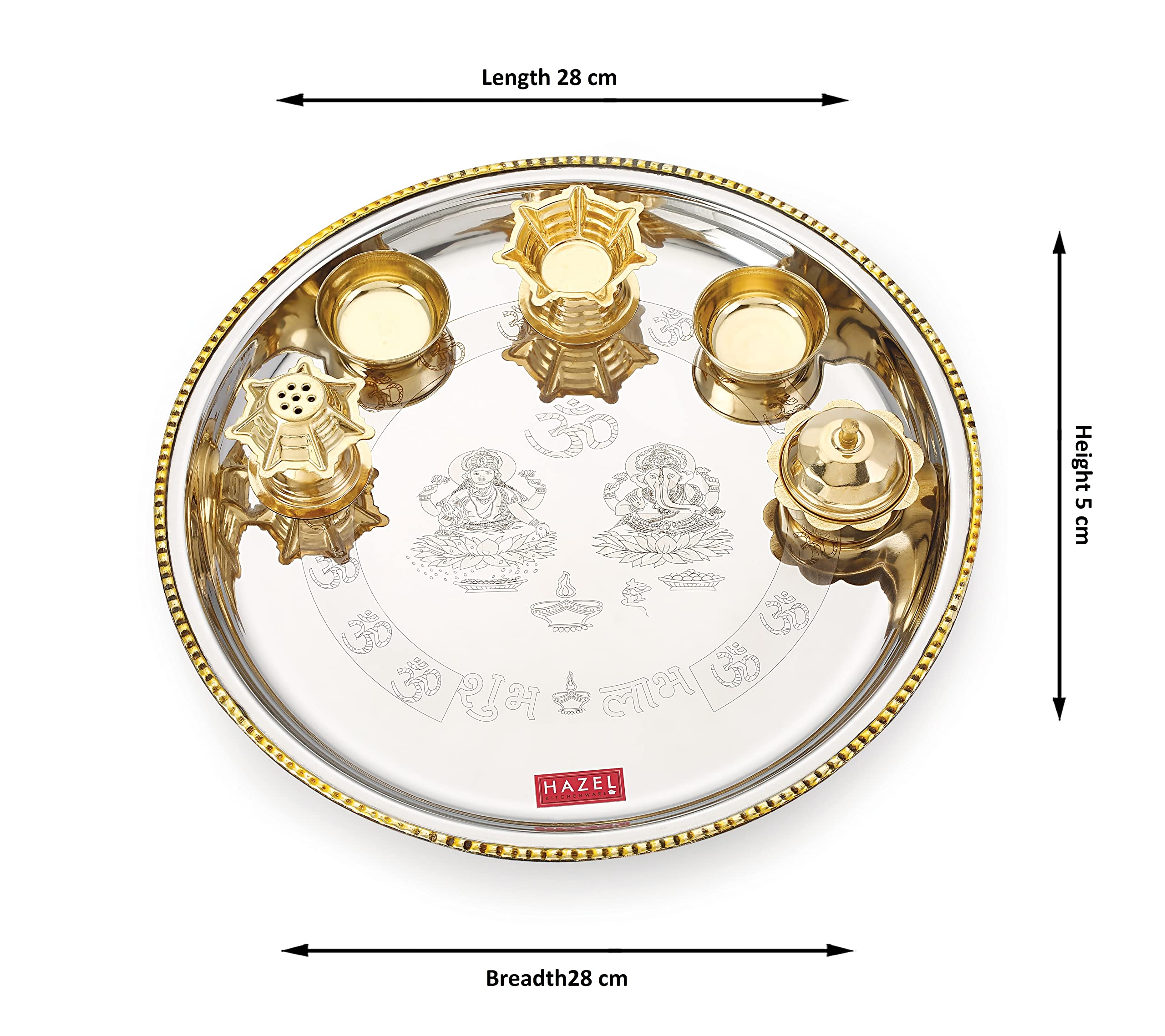 HAZEL Stainless Steel Puja Pooja Aarti Thali Set | 28 cm with 1 Pc Diva | Agarbatti Incense Holder, Kumkum Wati and 2 Pcs Wati 2