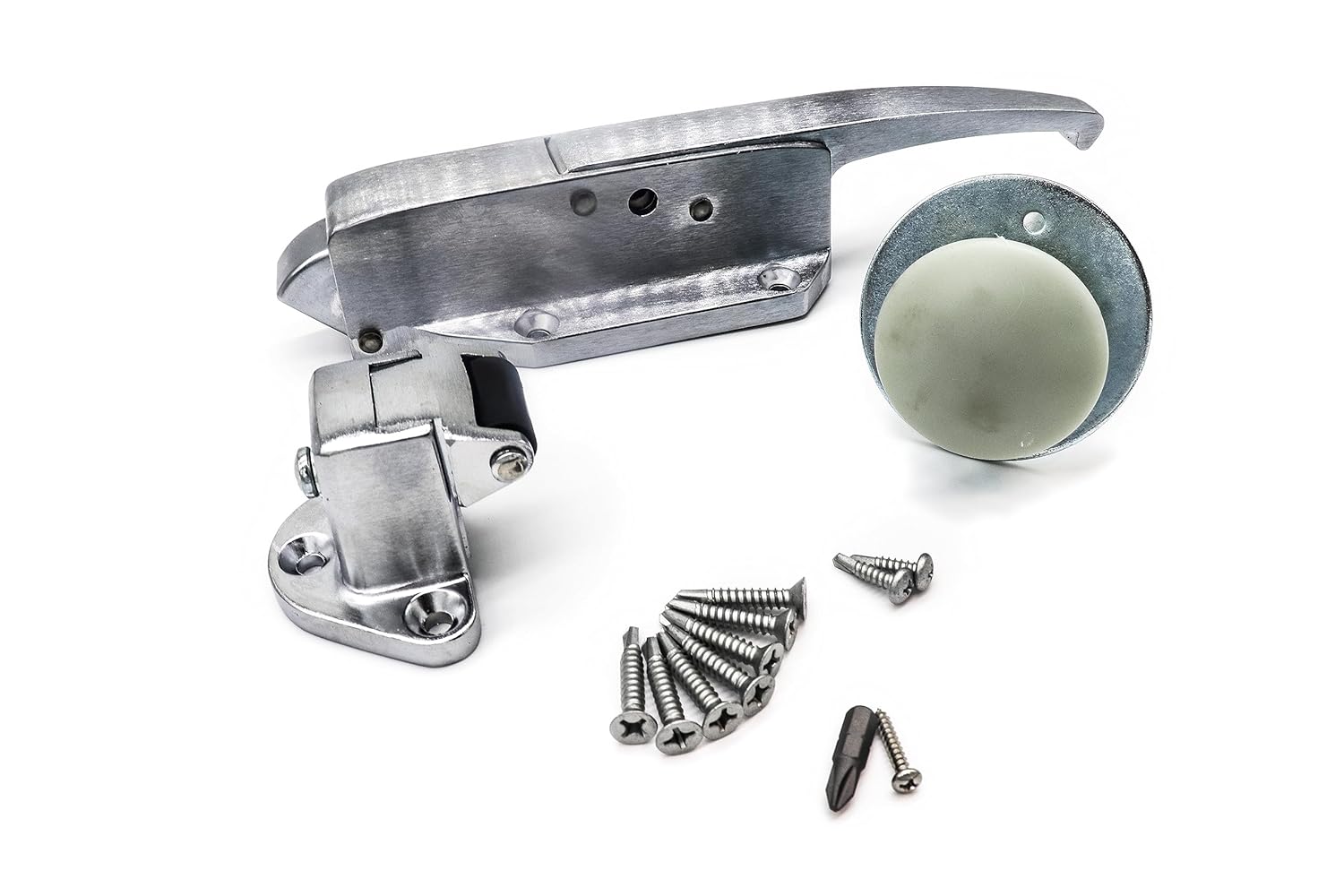 Kason 0058 Brushed Chrome Radial Latch KIT with 0059 Roller Strike, -1/8" to 1/4" Offset, 0481 4" Inside Release and Hardware KIT