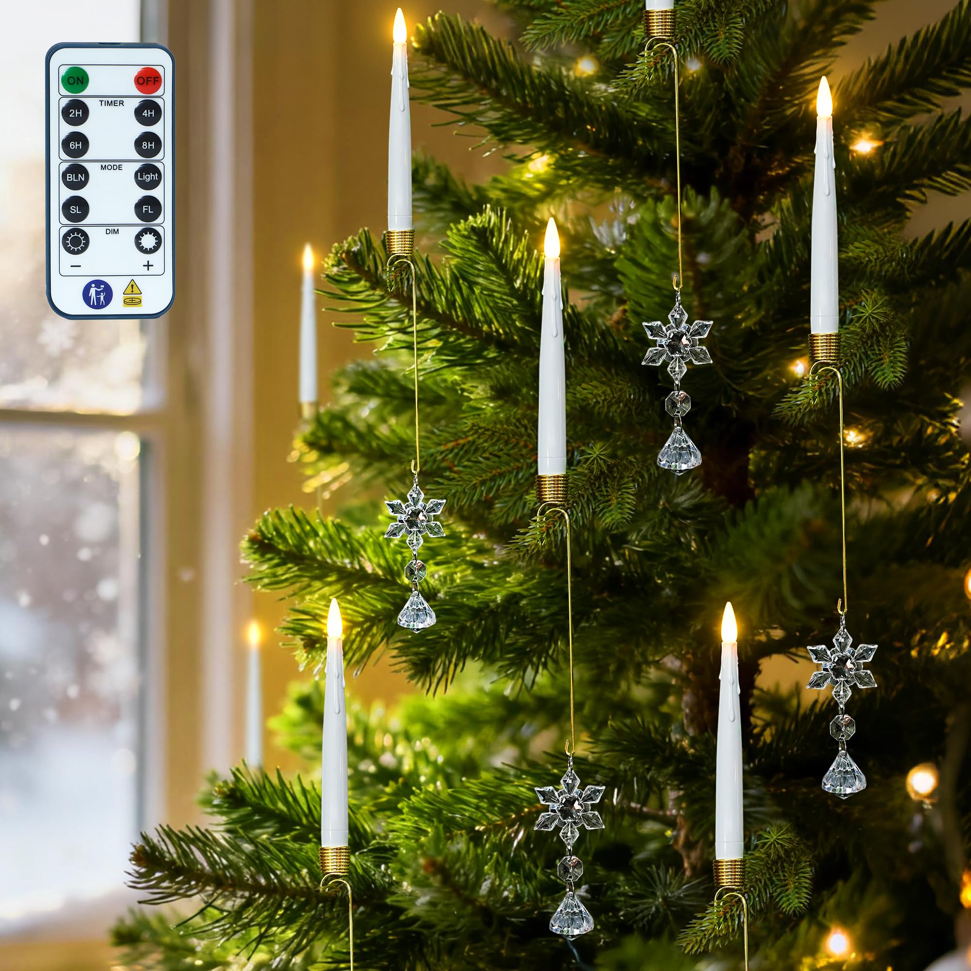 12 candele coniche natalizie a LED, a batteria, tremolanti con timer remoto, candele senza fiamma per Natale, casa, feste, regalo di compleanno, con gancio a sfera di cristallo a forma di fiocco di