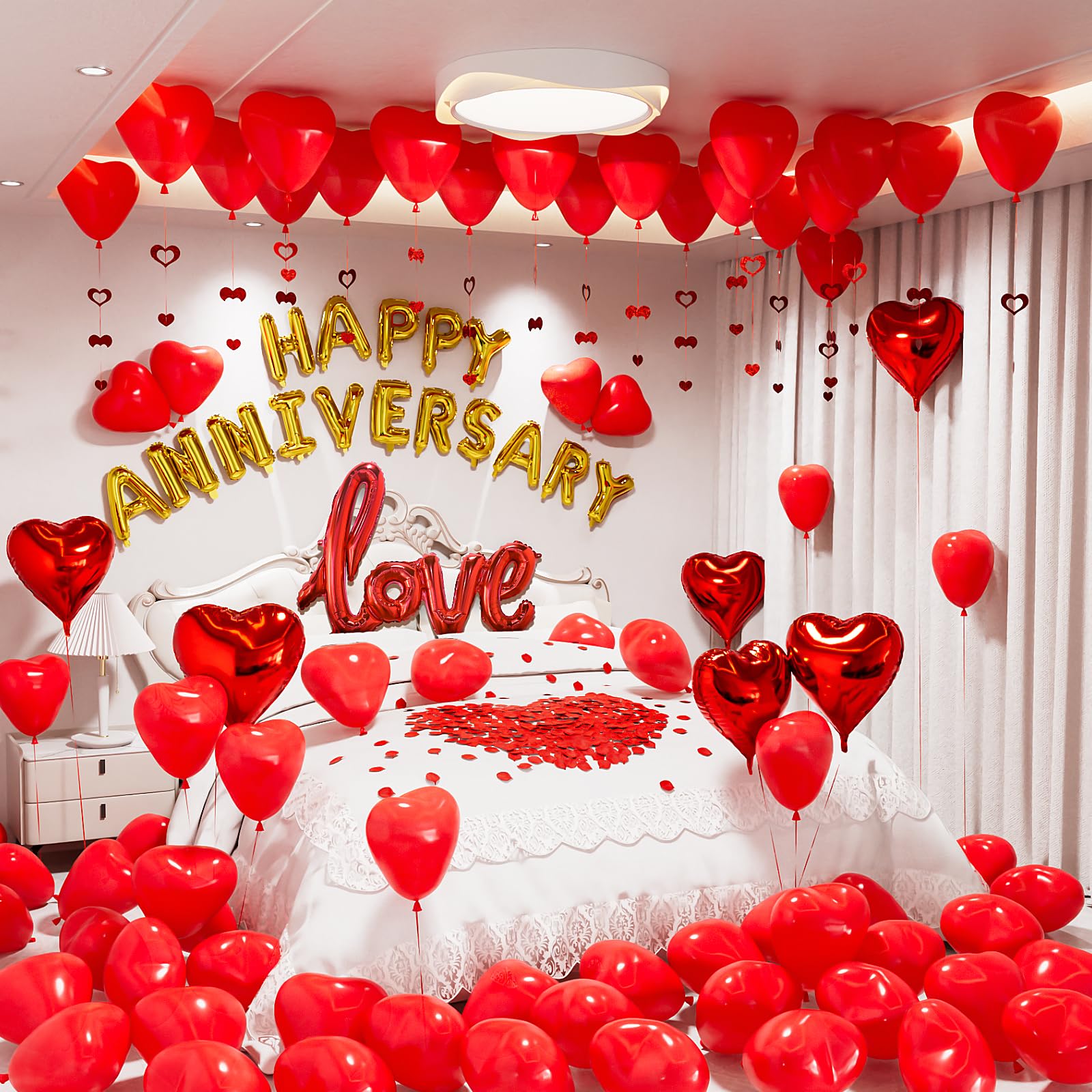 Adeyoo Anniversary Balloons Decorations,Happy Anniversary Banner,Red Heart Shaped Balloons,Large Love Balloon,Rose Petals,Latex Balloon for Romantic