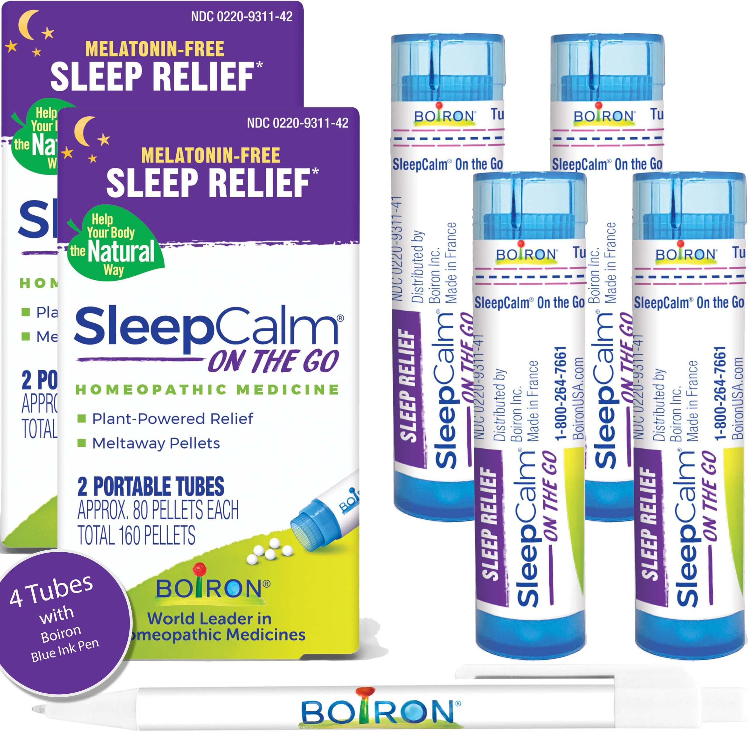 Boiron SleepCalm On The Go Sleep Aid for Deep, Relaxing, Restful Nighttime Sleep - Melatonin-Free and Non Habit-Forming - 80 Count per Tube - 4 Tubes with Blue Pen
