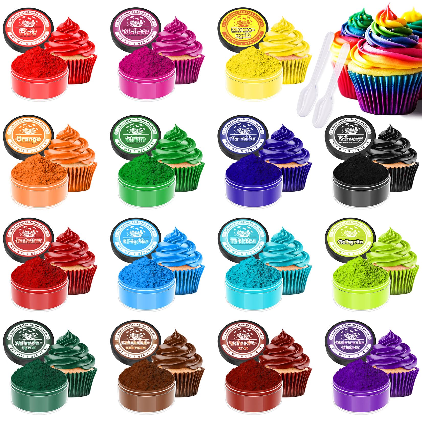 Lebensmittelfarbe Pulver – 15 x 5g Leuchtendes Lebensmittelfarbe Set, Hochkonzentrierter Lebensmittel Farben zum Dekorieren von Kuchen, Macarons, Buttercreme, Donut, Backen, Schleim – Vegan, Sicher