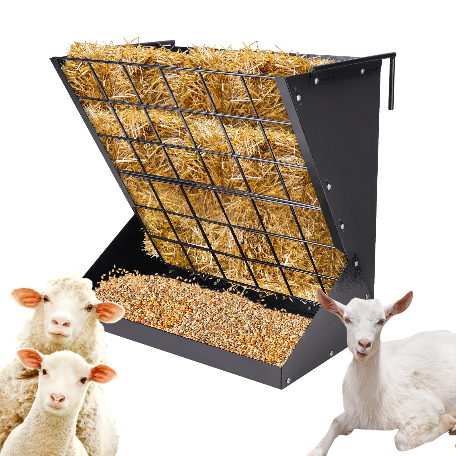 BREUAILY Groes Heuraufe fr Schafe und Ziegen 2 In 1 Hay & Grain/Salt  Feeder Hngende Futterraufe Schafe mit Futterspargitter und Verstellbaren  Haken fr Verschiedene Stlle und Korral (Schwarz) : Amazon.de: Haustier