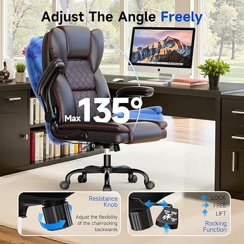 Miniatura 6 de Silla de oficina grande y alta, sillas ejecutivas con reposabrazos ajustables y soporte lumbar, silla ergonómica de respaldo alto, silla de