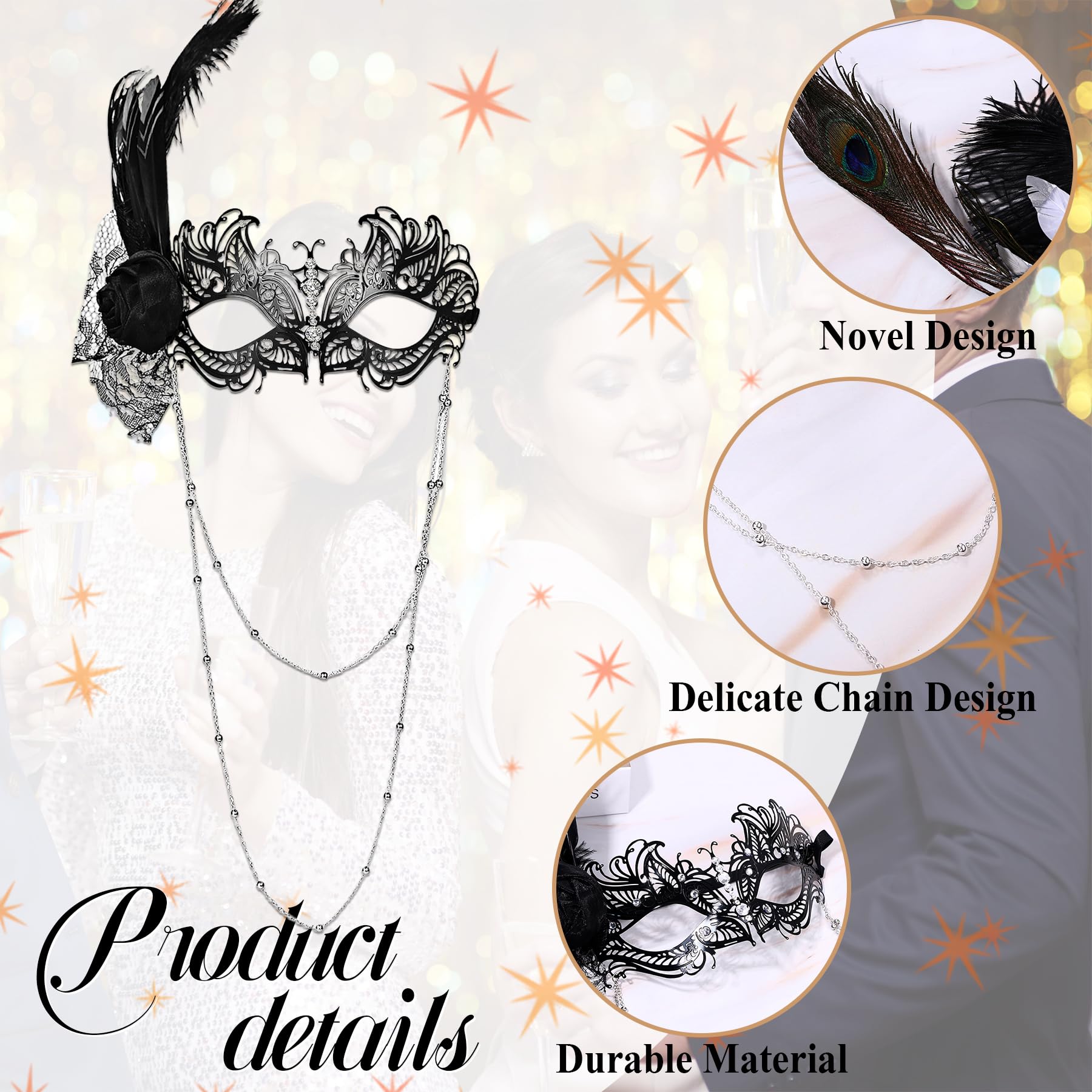 Oidea Feather Masquerade Mask for Women: Flower Venetian Party Mask Mardi Gras Masks Prom Ball Cosplay Costume Facial Decoration with Bead Chain Black - Image 4