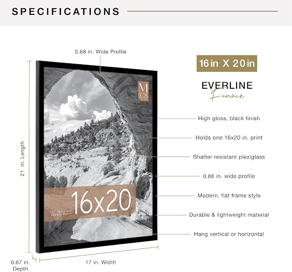 MCS Everline Collection 16x20 Poster Frame Black, Vertical & Horizontal Wall Hanging Large Picture Frame for Photos, Posters & Art Prints (1-Pack)