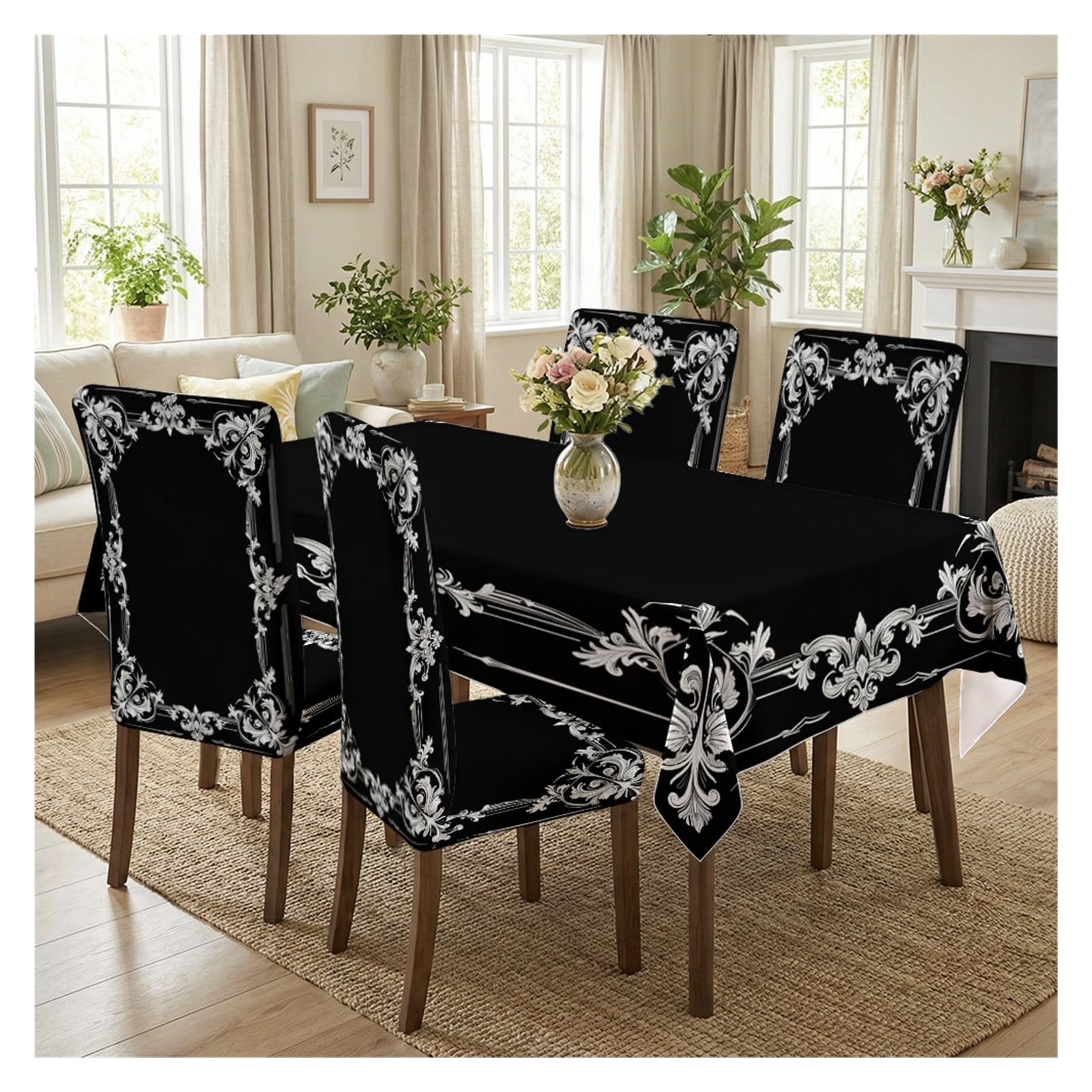 KXUAUV Black & Silver Baroque Print Stretch Dining Chair Covers & Tablecloth Set, 5/7 Pack Party Decor(5pcs Set: Tablecloth+Chair Covers)