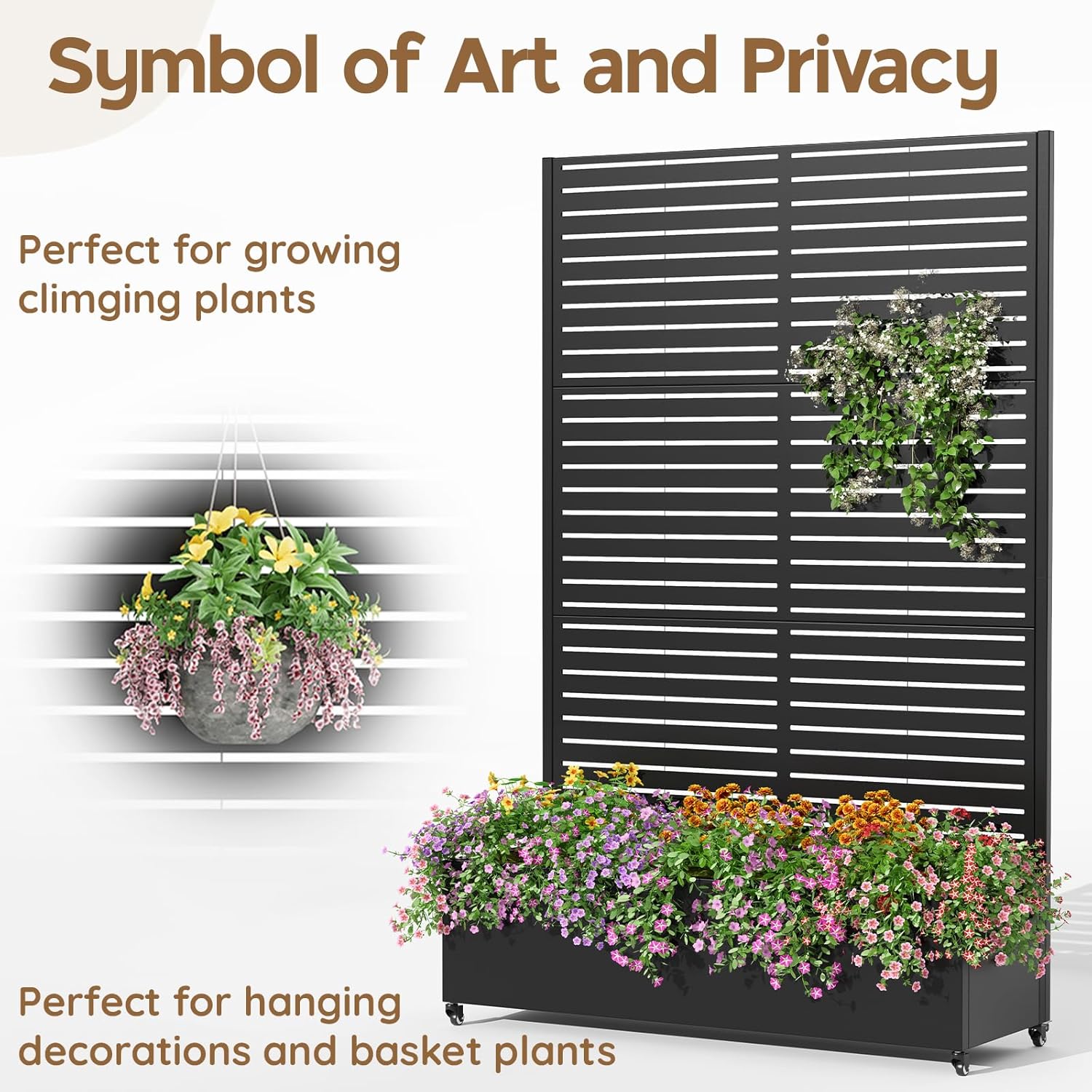 Metal Planter Box with Trellis,72"x47"x15.7",Galvanized Raised Garden Bed Trellis Outdoor Planter with Privacy Screen & Wheels and Drainage Holes,for Patio Climbing Vegetables,Flowers,Vines,Black