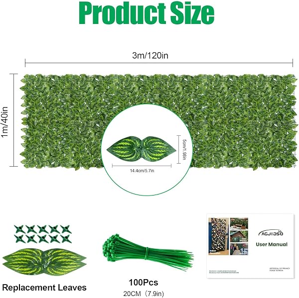 Artificial Ivy Fence Screening, 3m x 1m Artificial Hedge Roll, Privacy Fence Screen Artificial Hedge Screening for Garden, Balcony, Outdoor, 100PCS Zip Ties - 3