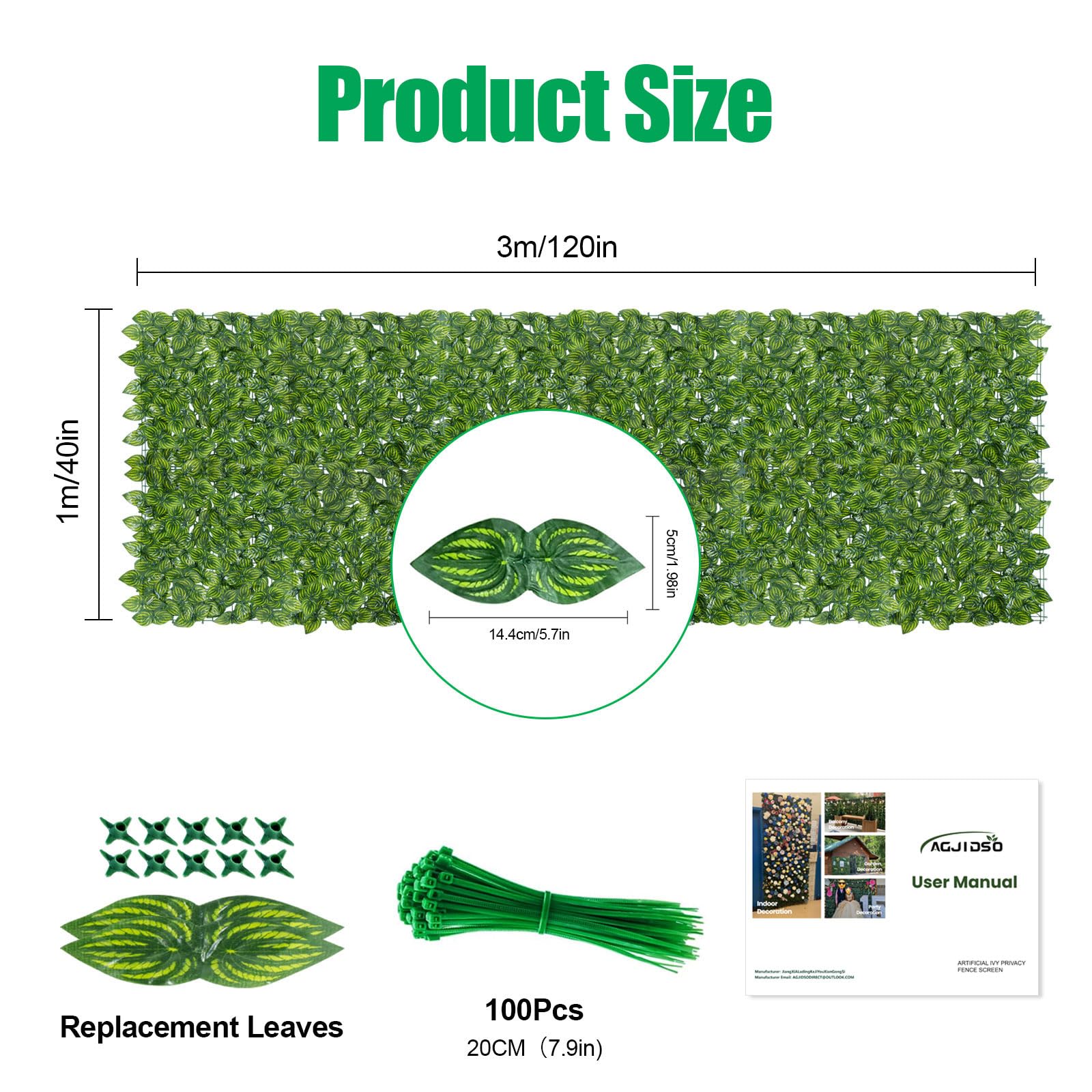 Artificial Ivy Fence Screening, 3m x 1m Artificial Hedge Roll, Privacy Fence Screen Artificial Hedge Screening for Garden, Balcony, Outdoor, 100PCS Zip Ties - 3