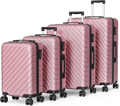 Apelila 4 Piece Hardshell Luggage Sets,Travel Suitcase,Carry On Luggage with Spinner Wheels Free Cover&Hanger Inside4PC (ROSE GOLD line)