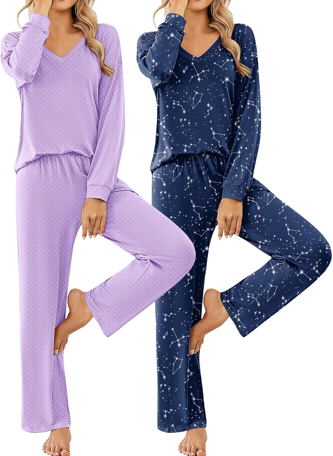 Ekouaer Womens 2 Pack Pajama Sets Long Sleeve Pajamas Top and Pants V Neck Soft Pjs Set Loungewear with Pockets
