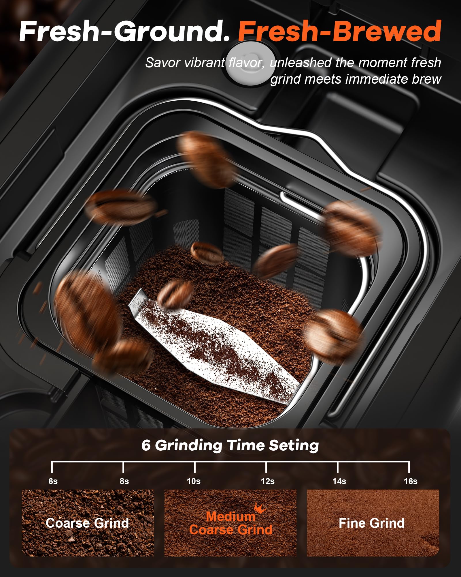 Horavie Single Serve Coffee Maker with Built-in Grinder, Fast Brew 6-16oz Single Cup for Whole Beans, Grounds, K Pod, Grind and Brew Coffee Maker with 47oz Water Tank, Descaling Alert, Black - 5