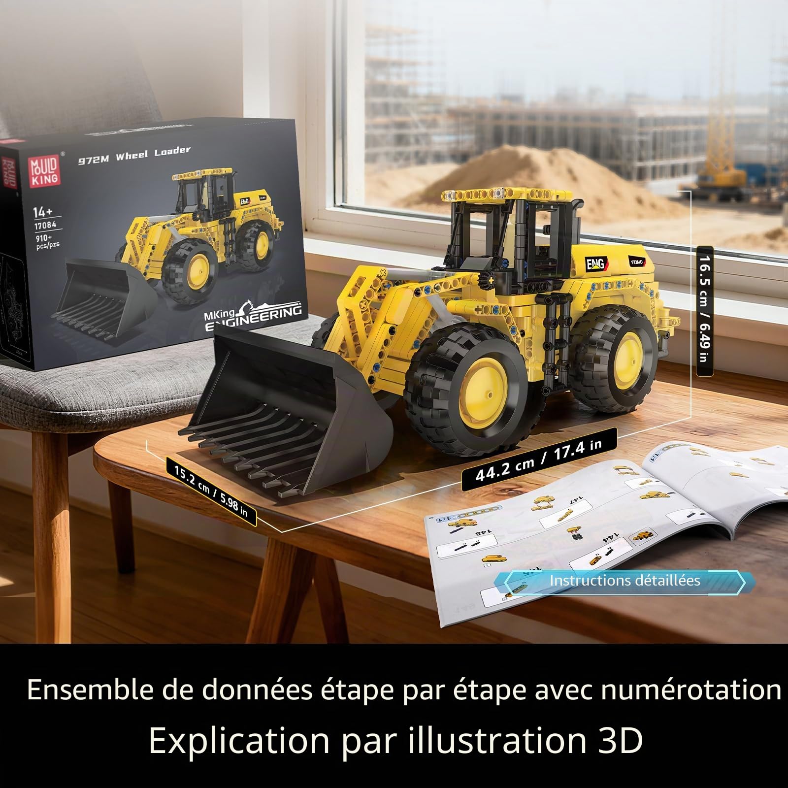 Mould King 17084 Technique Chargeuse sur pneus, pelleteuse, véhicule de construction, jouet avec pelle mobile, kit de construction réaliste, cadeau d'anniversaire pour garçons à partir de 8 ans