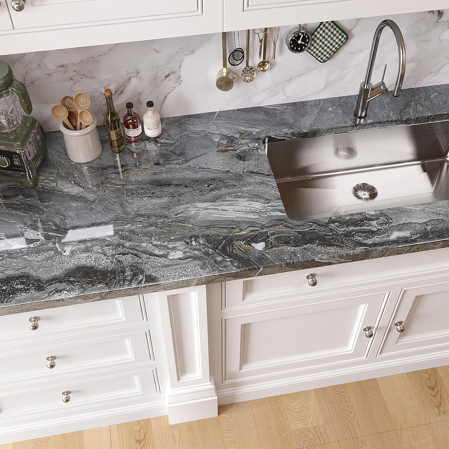 VEELIKE Wide Gold Grey Marble Contact Paper for Countertops Peel and Stick Waterproof Countertop Contact Paper 32''x118'' Glossy Marble Wallpaper Peel and Stick Countertops for Kitchen Bathroom Table