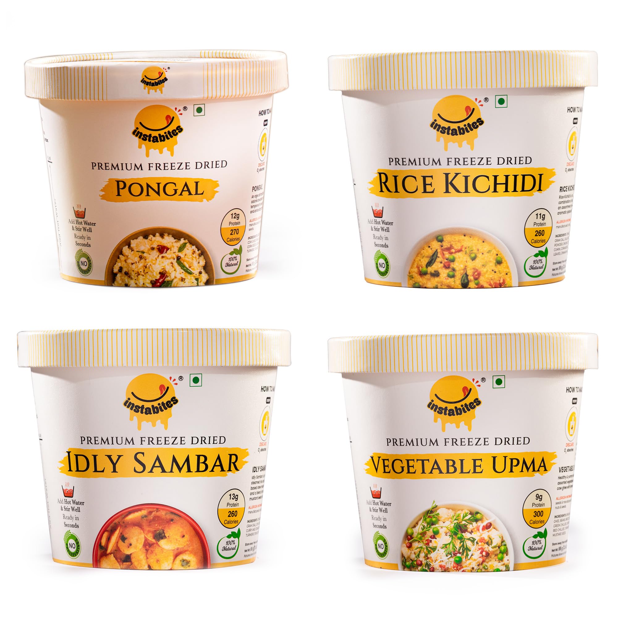 Instabites Ready To Eat Combo of Pongal, Vegetable Upma, Idli Sambar, Rice Kichidi No Added Preservatives and Ready to Eat in Minutes - Pack of 4 (B0D7QDWKWW) Amazon Price History, Amazon Price Tracker
