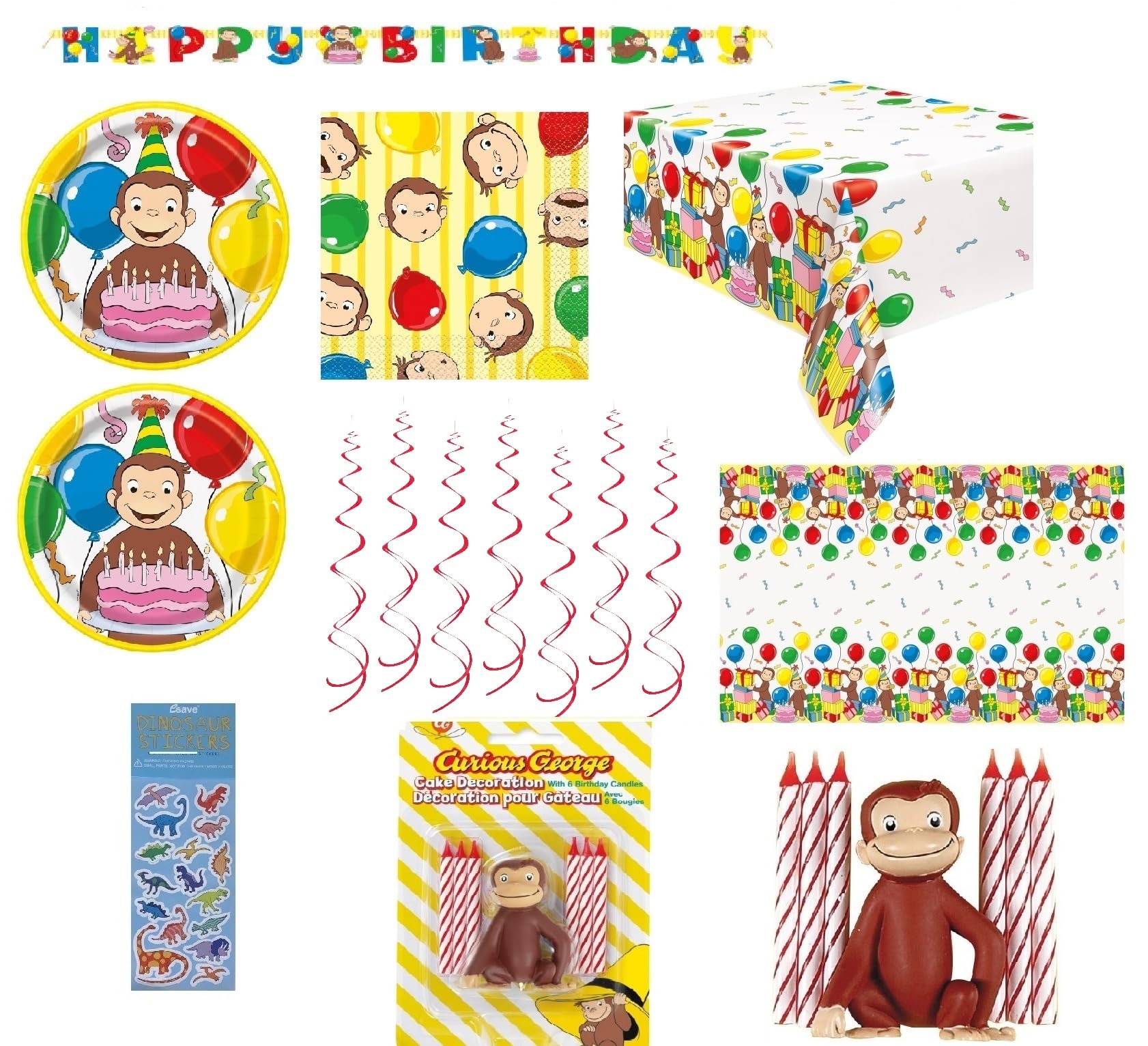 Curious George Birthday Party Supplies Bundle for 16 Includes Lunch Plates, Lunch Napkins, Table Cover, Happy Birthday Banner, Hanging Swirl Decorations, Cutlery Set