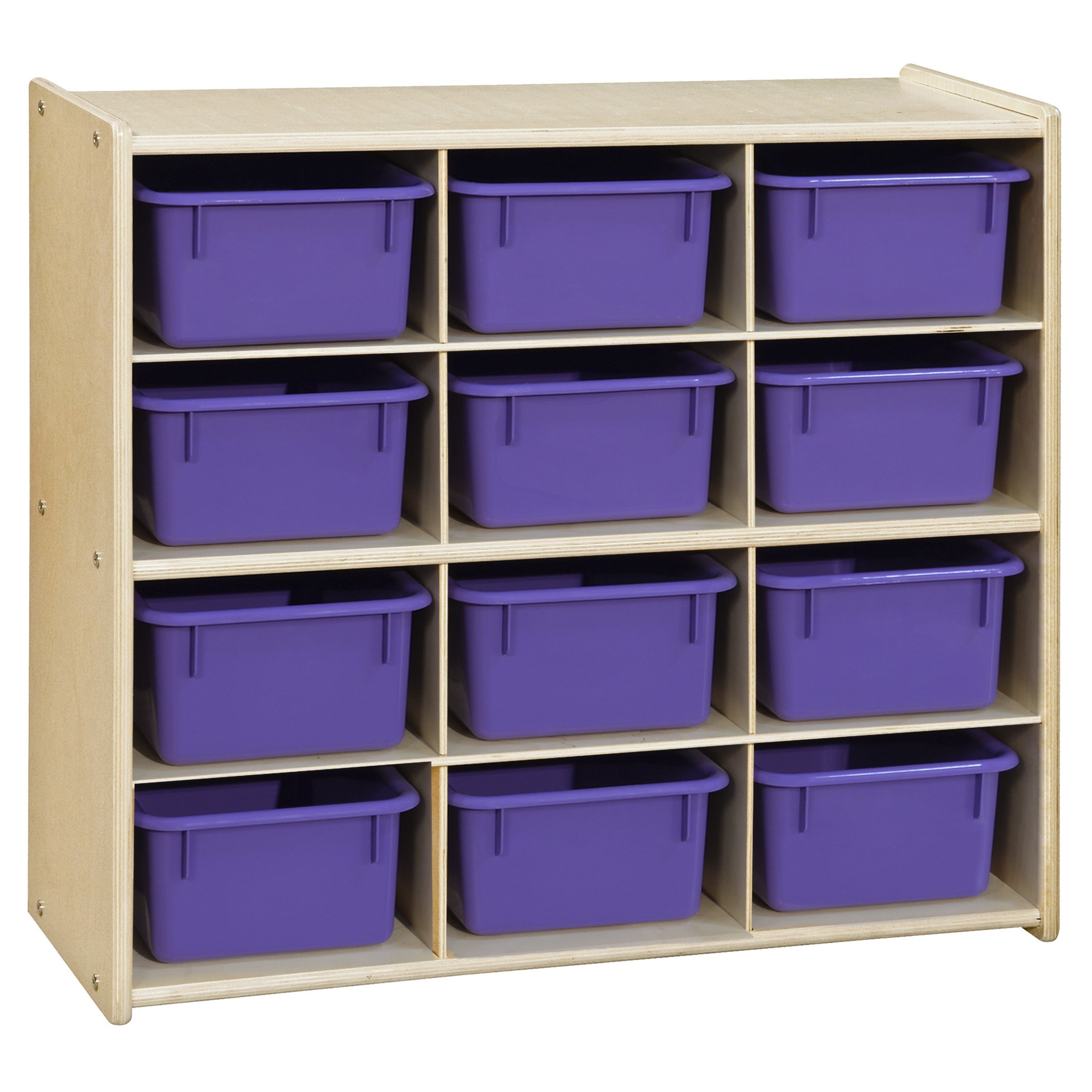 Contender 12 Compartment Kids Cube Locker Shelf with Purple Bins, Hardwood Montessori Shelves Organizers for Daycare, Nursery, Offices [ Fully