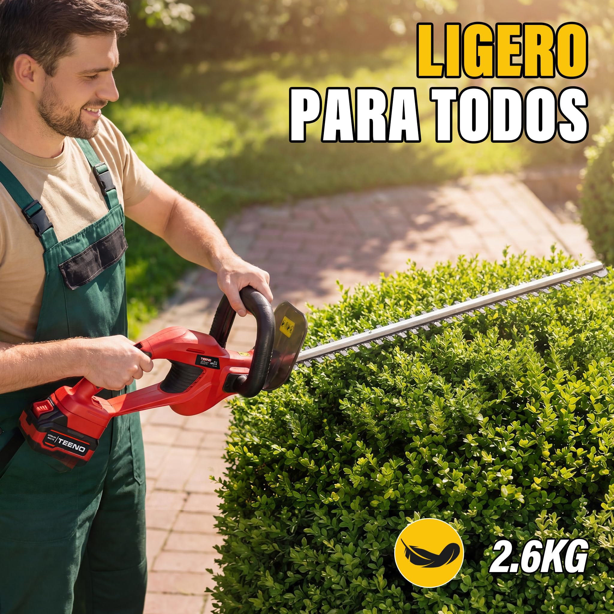 TEENO Cortasetos batería 20 V, Cortasetos eléctrico para setos y arbustos, con 1 batería 4000 mAh, Hoja de 52 cm, Corte 16 mm, Mango Giratorio 180°,para jardín doméstico