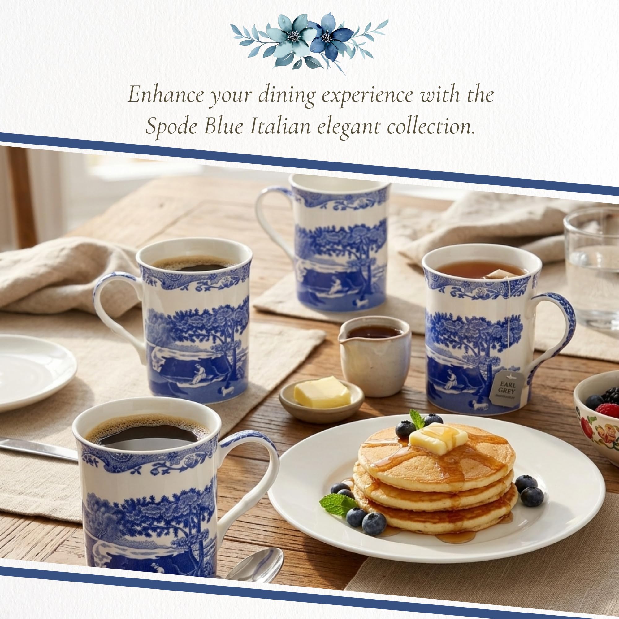 Portmeirion Juego de 4 Tazas, Porcelana, Azul y Blanco, 8.5 x 12 x 10.5 cm, 4
