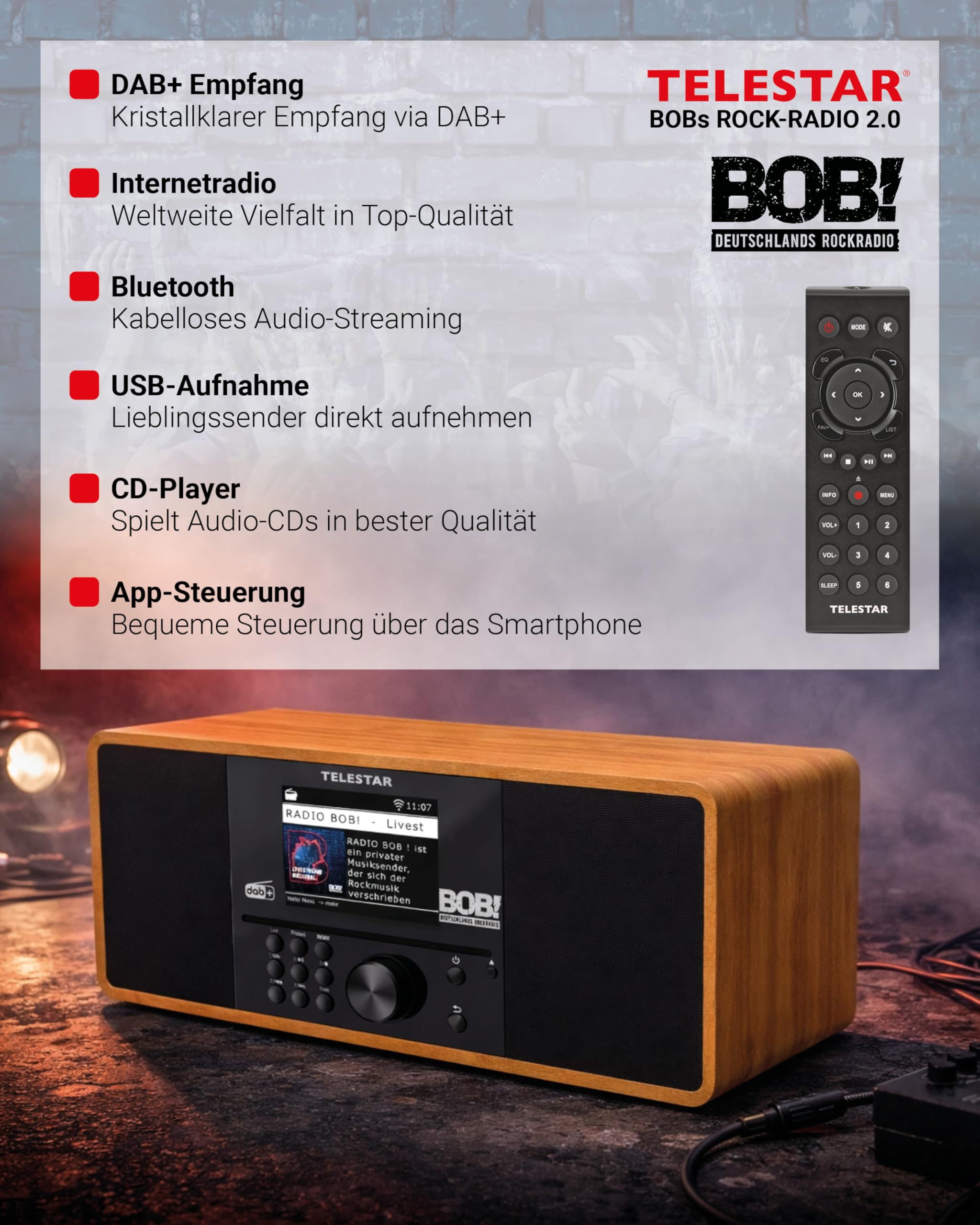 TELESTAR BOBs Rock Radio 2.0 – DAB+/Internetradio mit CD-Player – Holz | RADIO BOB! Sender vorinstalliert, Stereo, 2 × 15 W, Streamingdienste, Bluetooth Audio-Streaming & Sendefunktion, USB