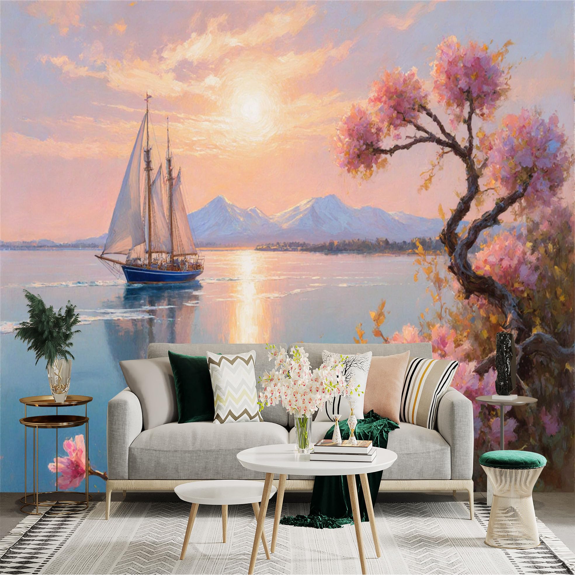 Lnzczhyre Xc260505316 Custom Size Wall Sticker Mural， Sailboat On Calm Lake At Sunset， Pink Cherry Blossom Tree， Distant Mountains， For Wall Decoration， Peelandstick Wall Decals.