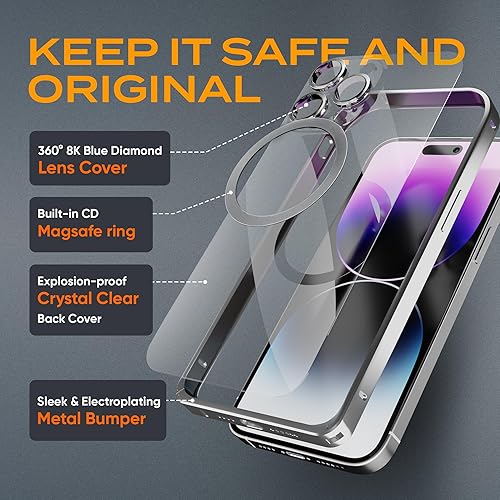 Miniatura 3 de Funda magnética transparente de metal 2 en 1 para iPhone 14 Pro max Patrón de CD para anillo Magsafe y bloqueo de seguridad Marco de metal
