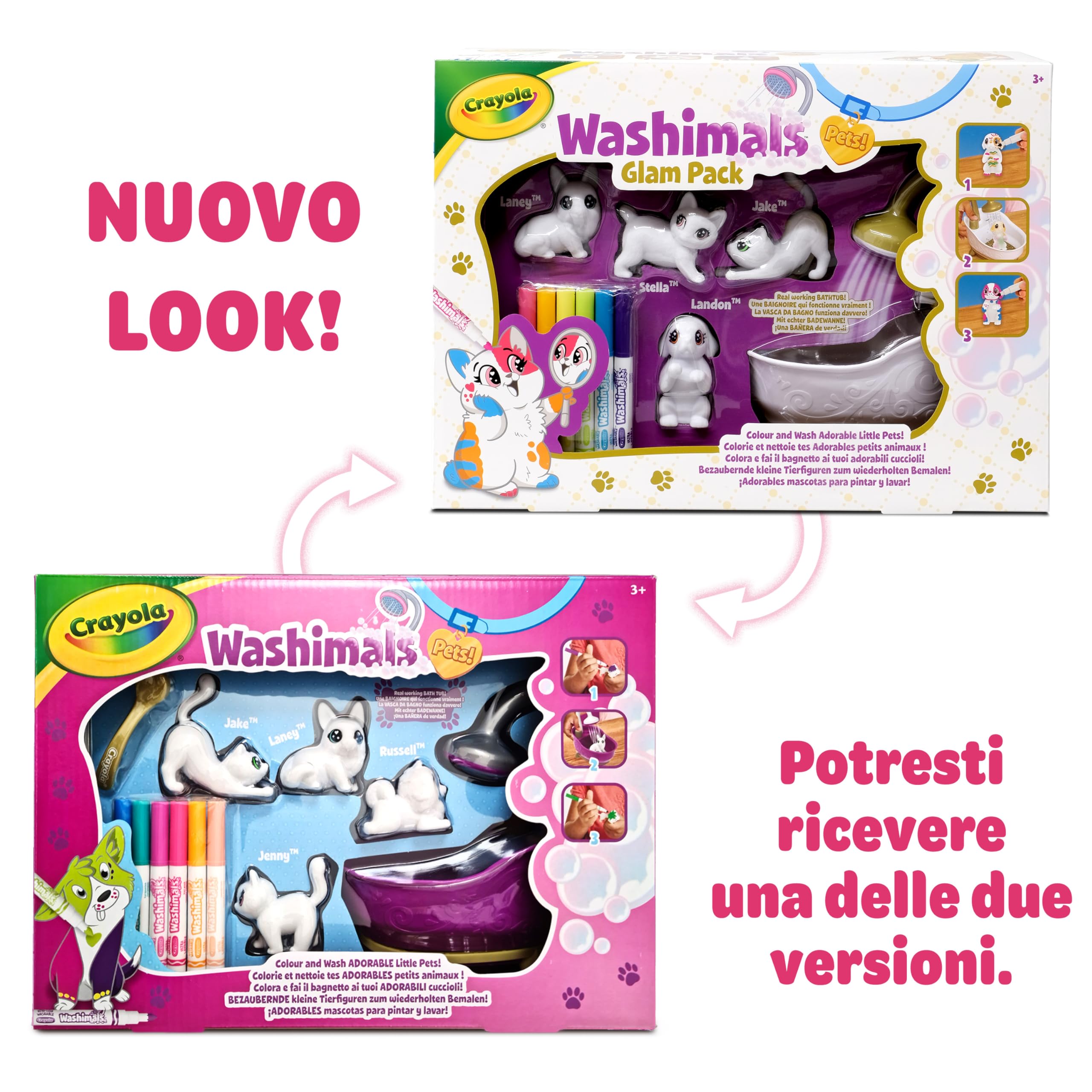 CRAYOLA Washimals Pets - Set Attività Colora Lava Ricolora con Cuccioli con Vasca da Bagno Funzionante, Cagnolini e Gattini, Ideale da Regalare, Età Consigliata: da 3 Anni
