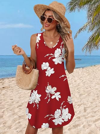 Aokosor Womens Summer Dresses 2026 Loose V Neck Sleeveless Dress Sundresses Swimsuit Coverup Vacation Outfits