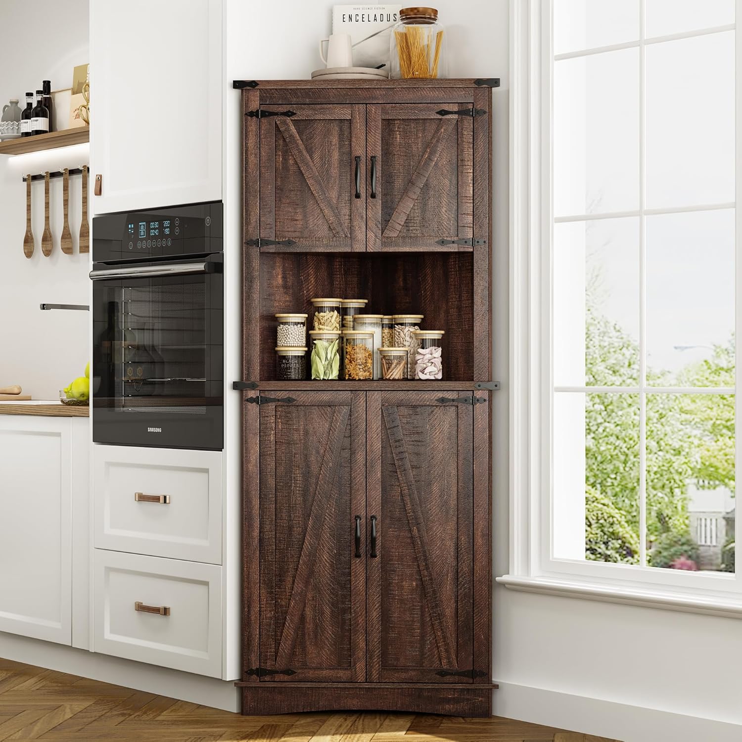 68" Tall Farmhouse Corner Cabinet with Barn Doors, 28.3" Storage Unit, 4 Doors & 5 Adjustable Shelves for Kitchen Bathroom - Brown